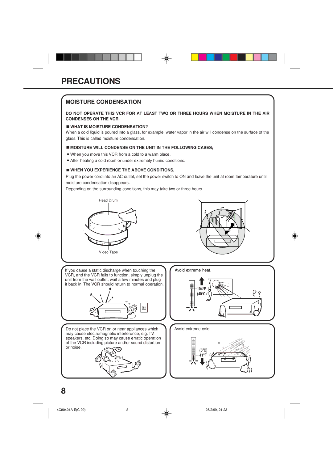 Memorex MVR2040-A Precautions, Moisture Condensation, Moisture will Condense on the Unit in the Following Cases 