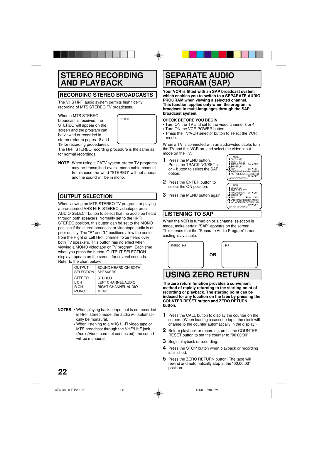 Memorex MVR4041 owner manual Stereo Recording and Playback, Separate Audio Program SAP, Using Zero Return 