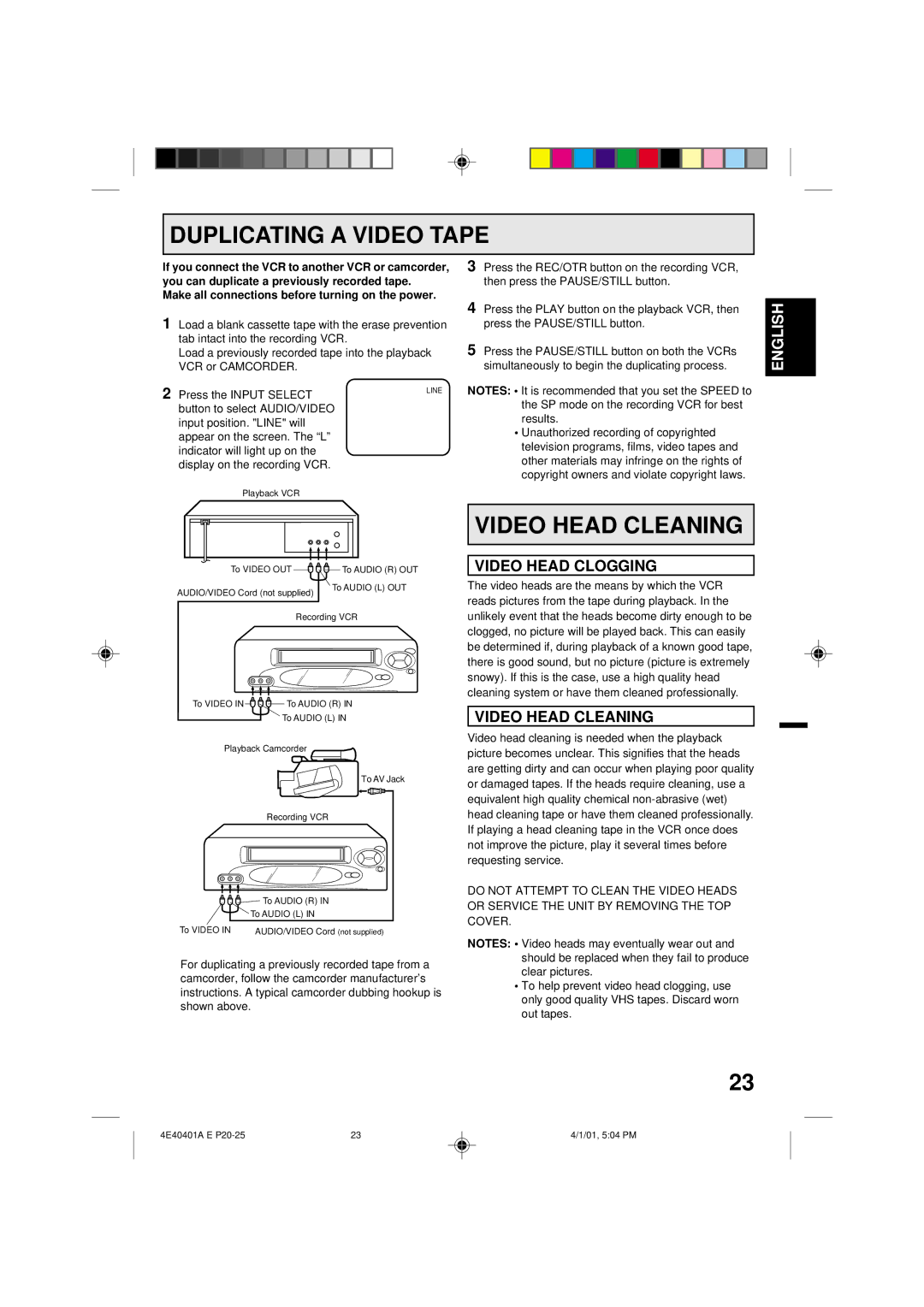 Memorex MVR4041 owner manual Duplicating a Video Tape, Video Head Cleaning, Video Head Clogging 