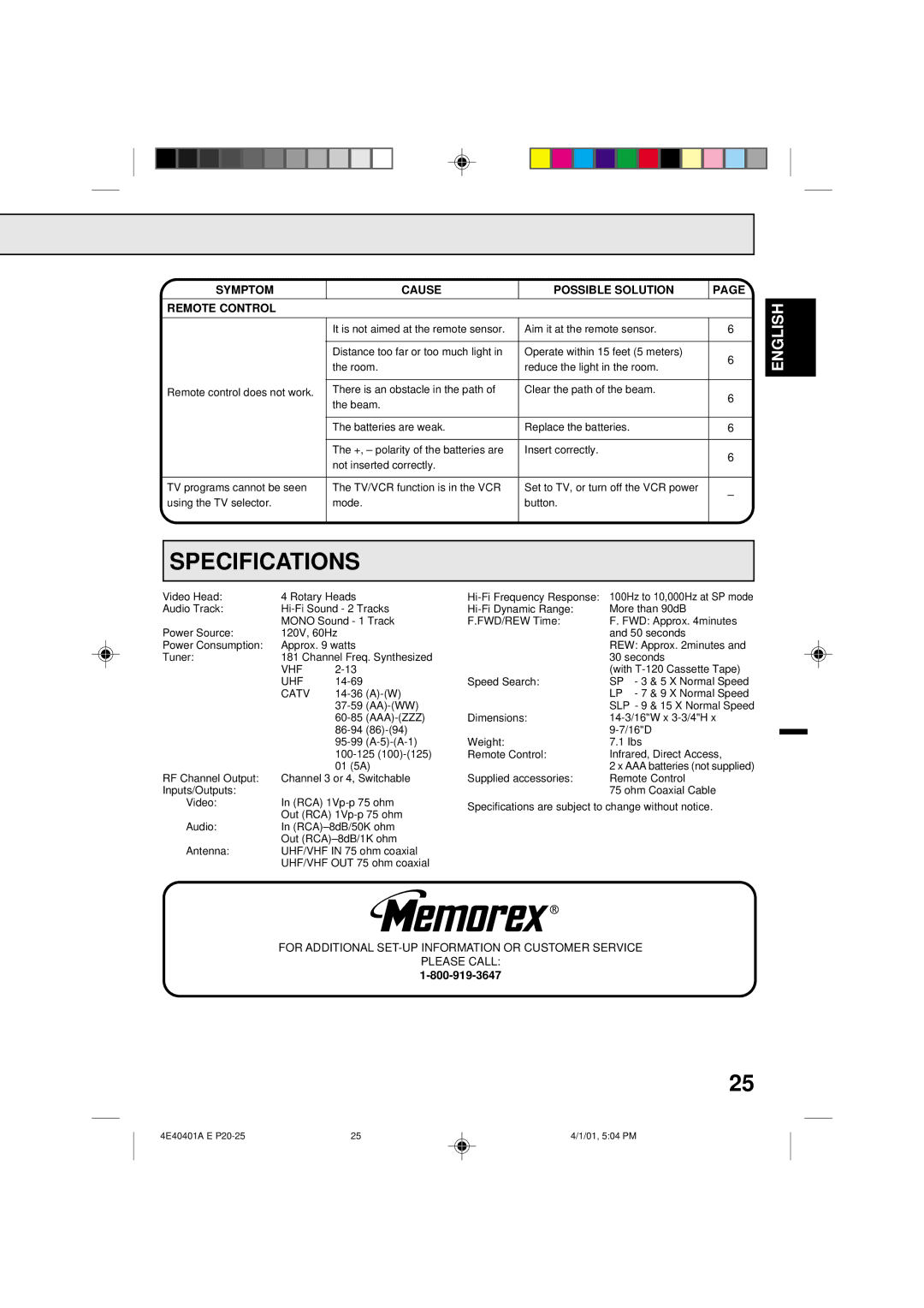 Memorex MVR4041 owner manual Specifications, Symptom Cause Possible Solution Remote Control 