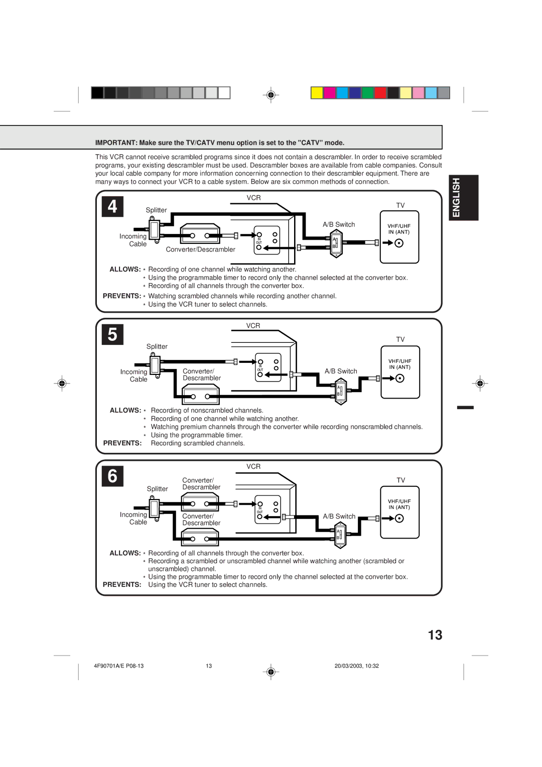 Memorex MVR4042 owner manual Converter/Descrambler Switch, Splitter Converter, Cable Descrambler Switch, Allows Prevents 