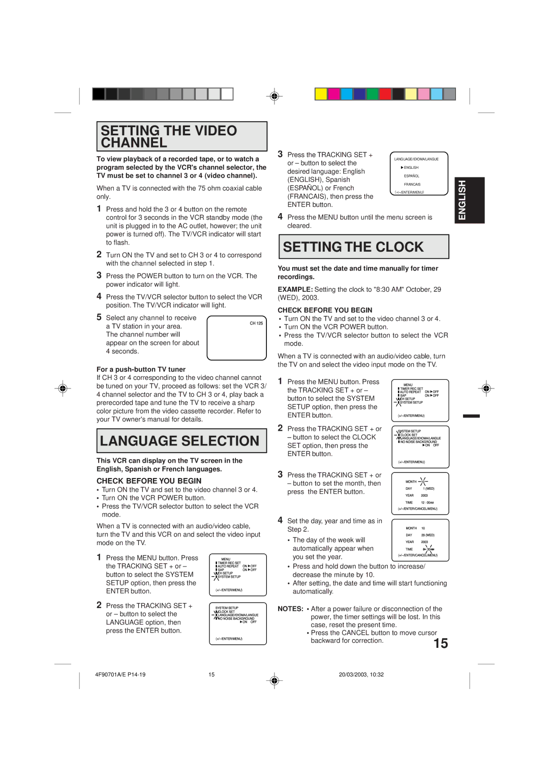 Memorex MVR4042 owner manual Setting the Video Channel, Setting the Clock, Language Selection, Check Before YOU Begin 