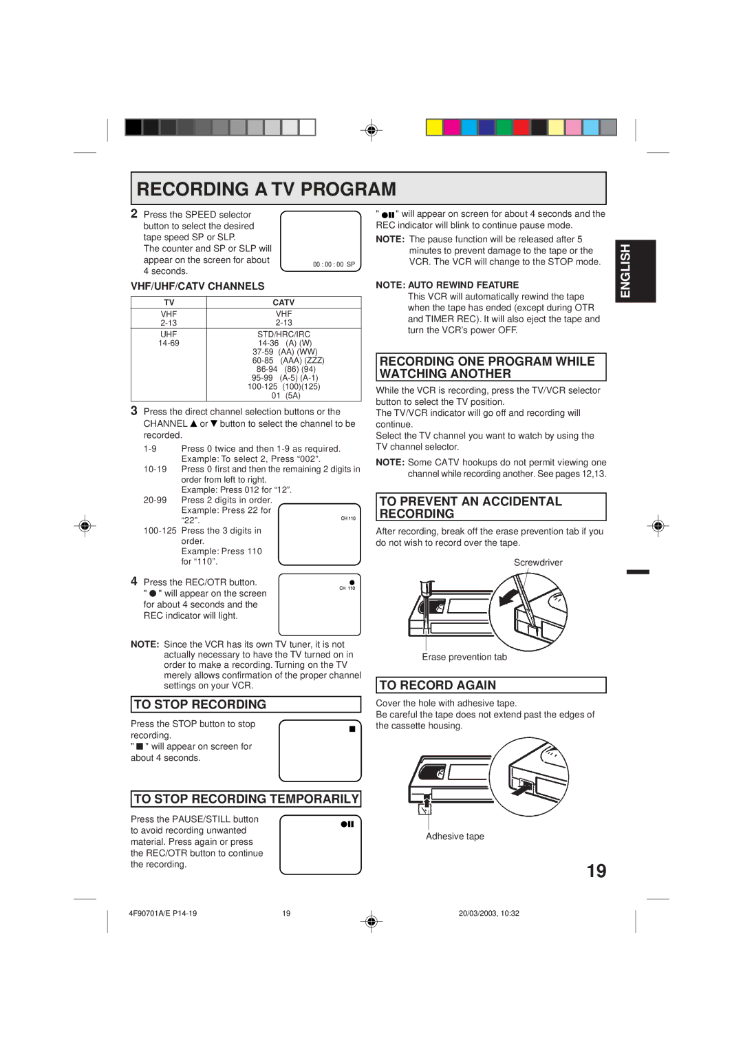 Memorex MVR4042 To Stop Recording Temporarily, Recording ONE Program While Watching Another, To Record Again 