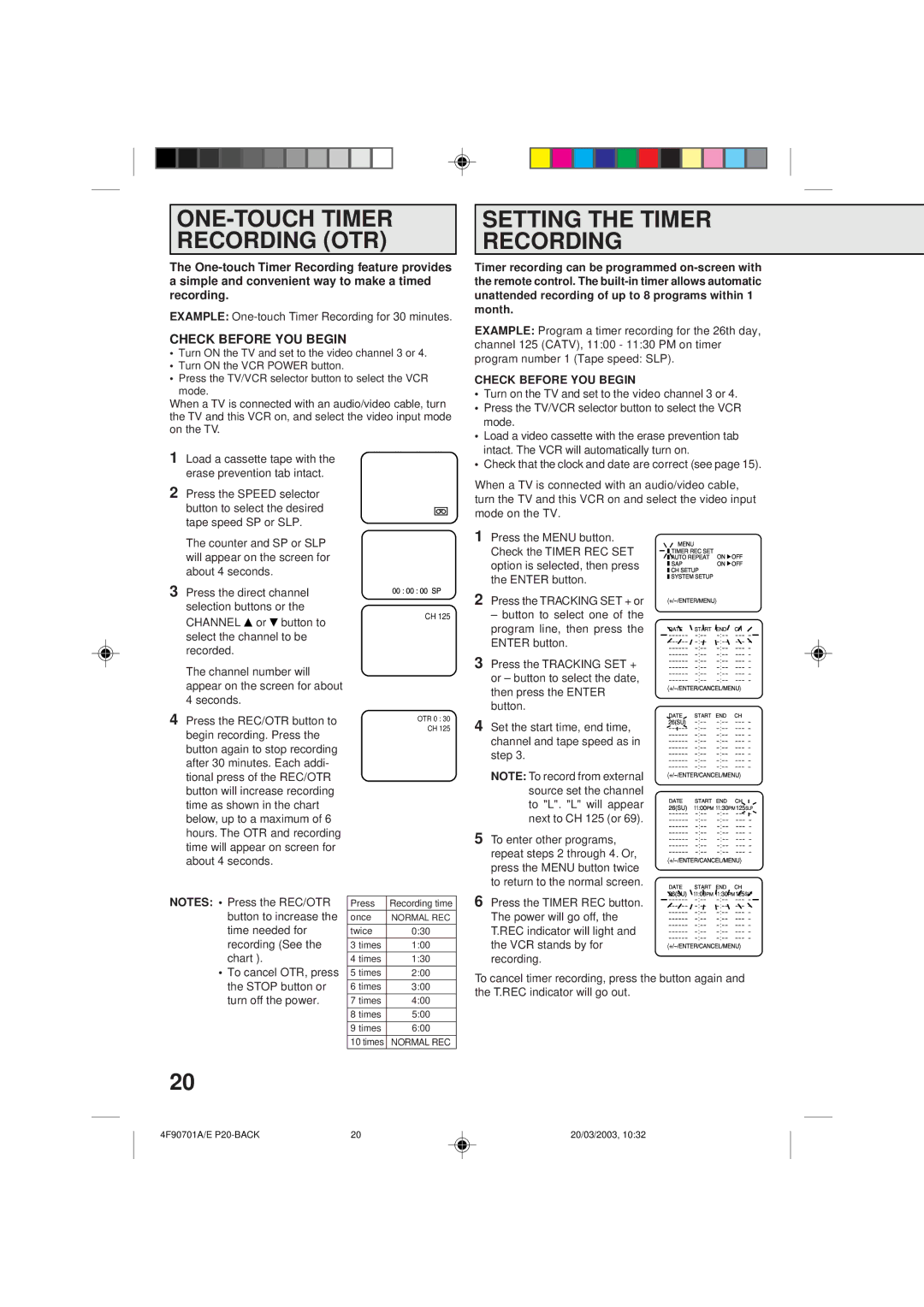 Memorex MVR4042 ONE-TOUCH Timer Recording OTR, Setting the Timer Recording, Intact. The VCR will automatically turn on 