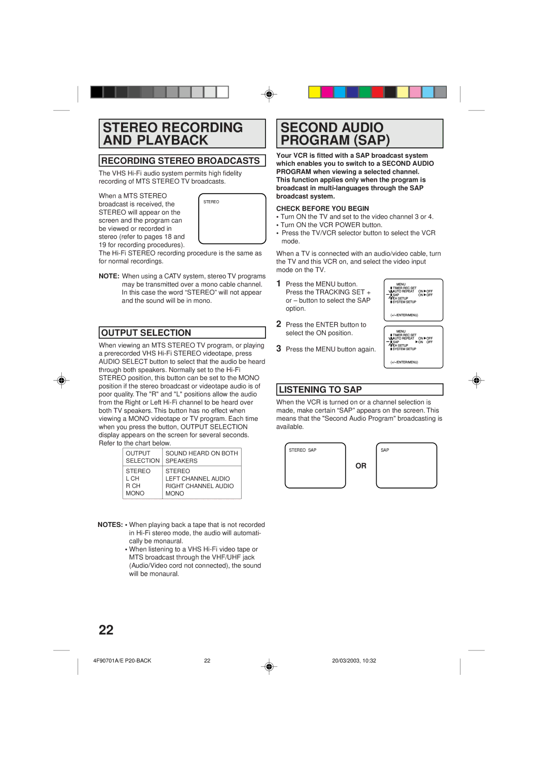 Memorex MVR4042 Stereo Recording and Playback, Second Audio Program SAP, Recording Stereo Broadcasts, Output Selection 