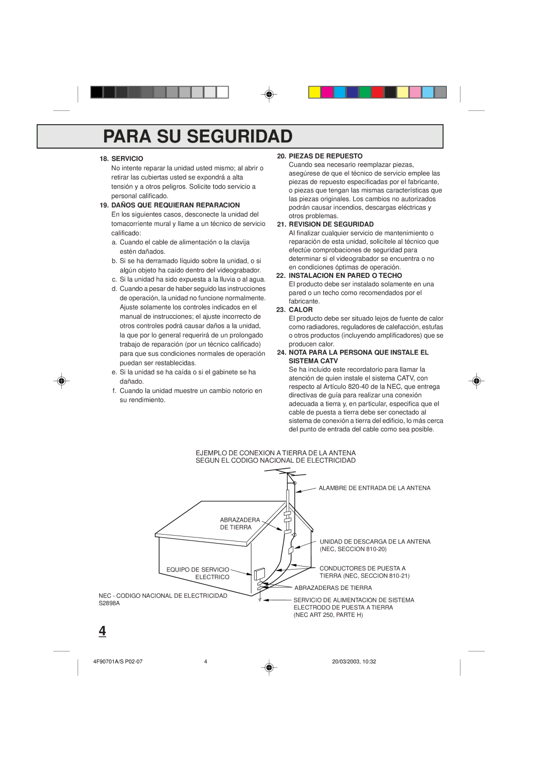 Memorex MVR4042 owner manual Servicio, 19. Daños QUE Requieran Reparacion, Piezas DE Repuesto, Revision DE Seguridad, Calor 