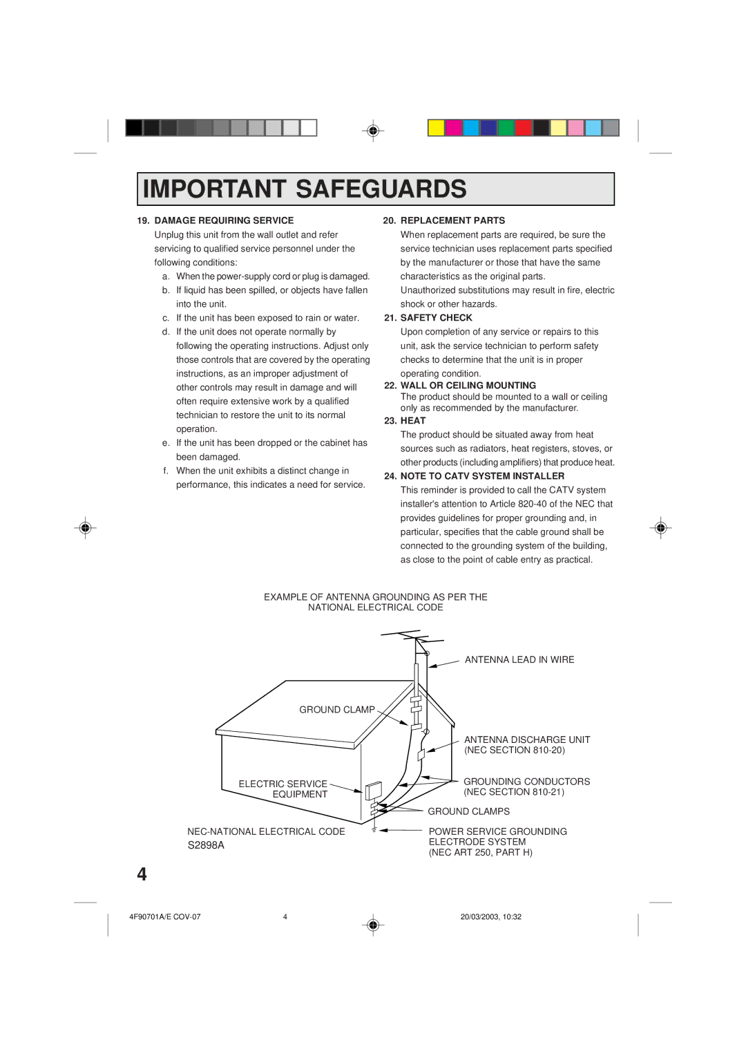 Memorex MVR4042 owner manual Damage Requiring Service, Replacement Parts, Safety Check, Wall or Ceiling Mounting, Heat 