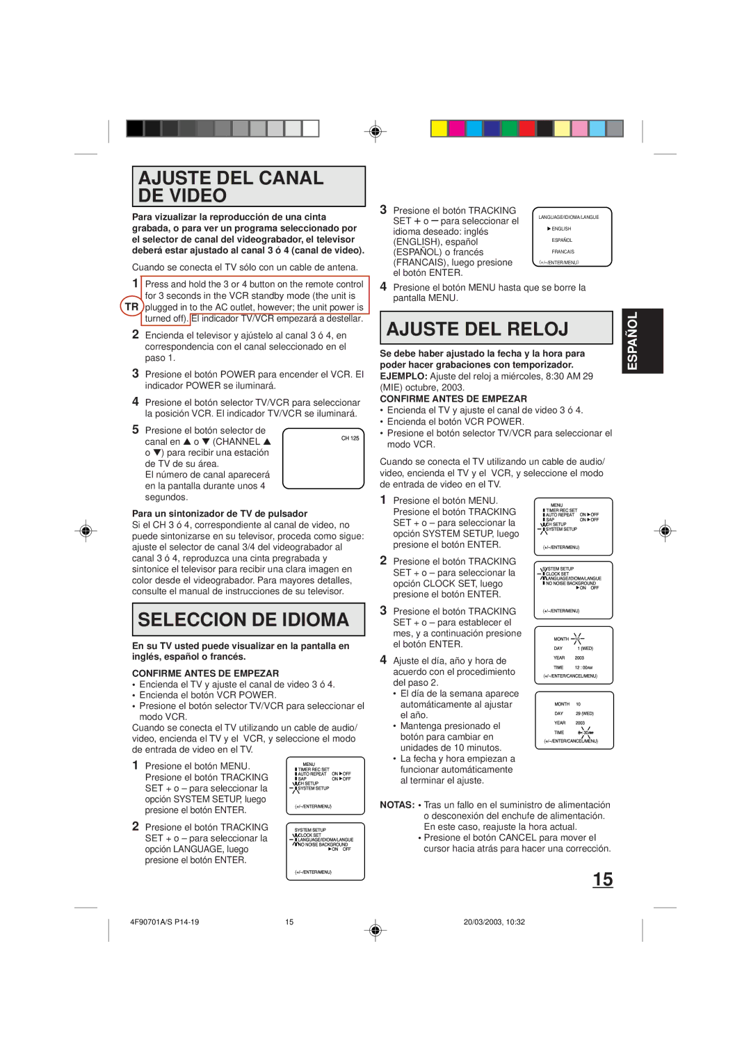 Memorex MVR4042 owner manual Ajuste DEL Canal DE Video, Ajuste DEL Reloj, Seleccion DE Idioma, Confirme Antes DE Empezar 