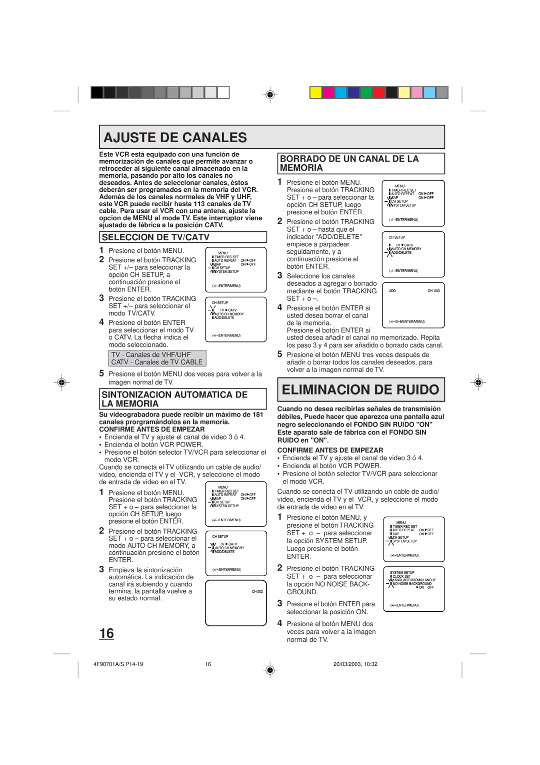 Memorex MVR4042 Ajuste DE Canales, Eliminacion DE Ruido, Borrado DE UN Canal DE LA Memoria, Seleccion DE TV/CATV 