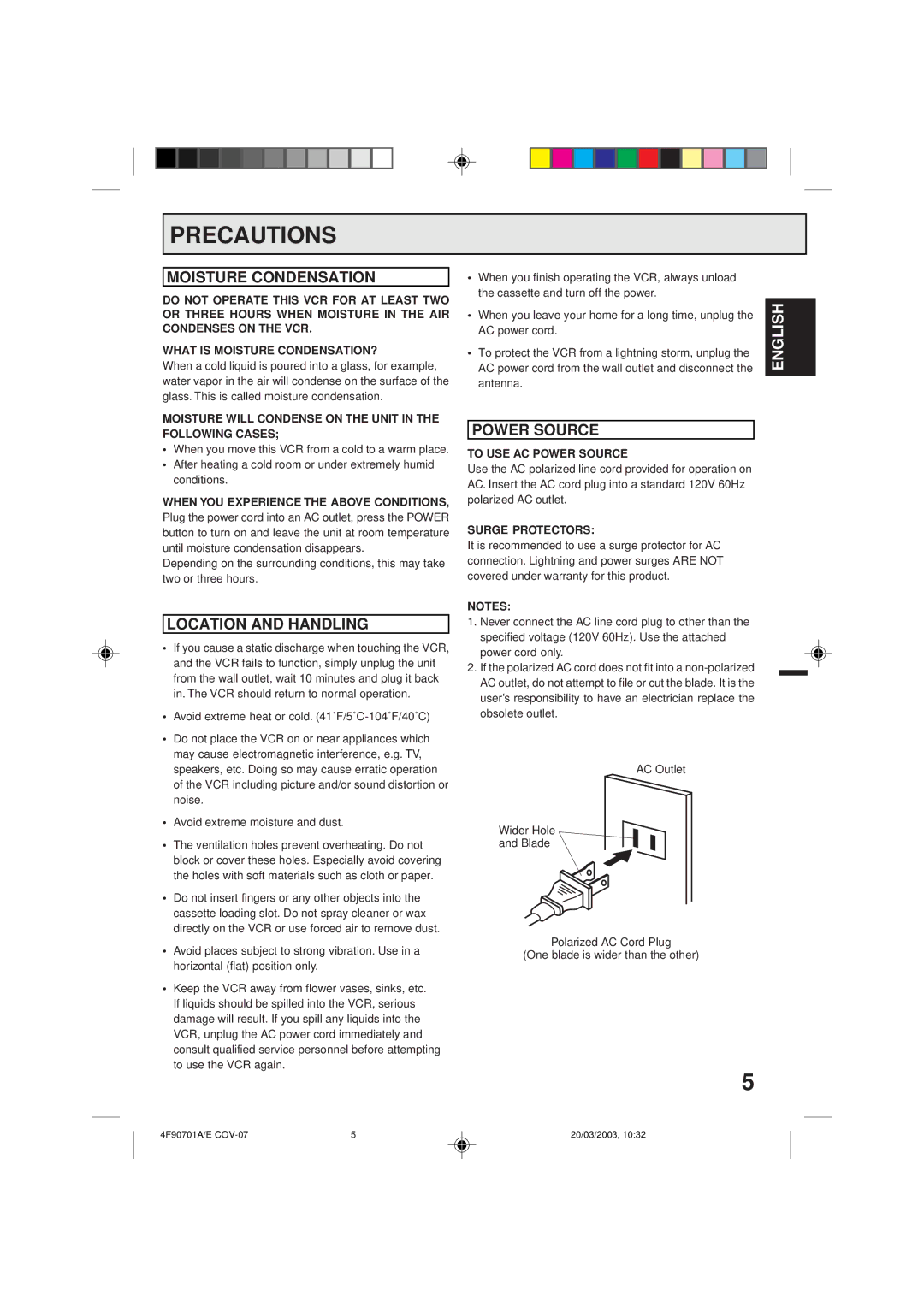 Memorex MVR4042 owner manual Precautions, Moisture Condensation, Location and Handling, Power Source 