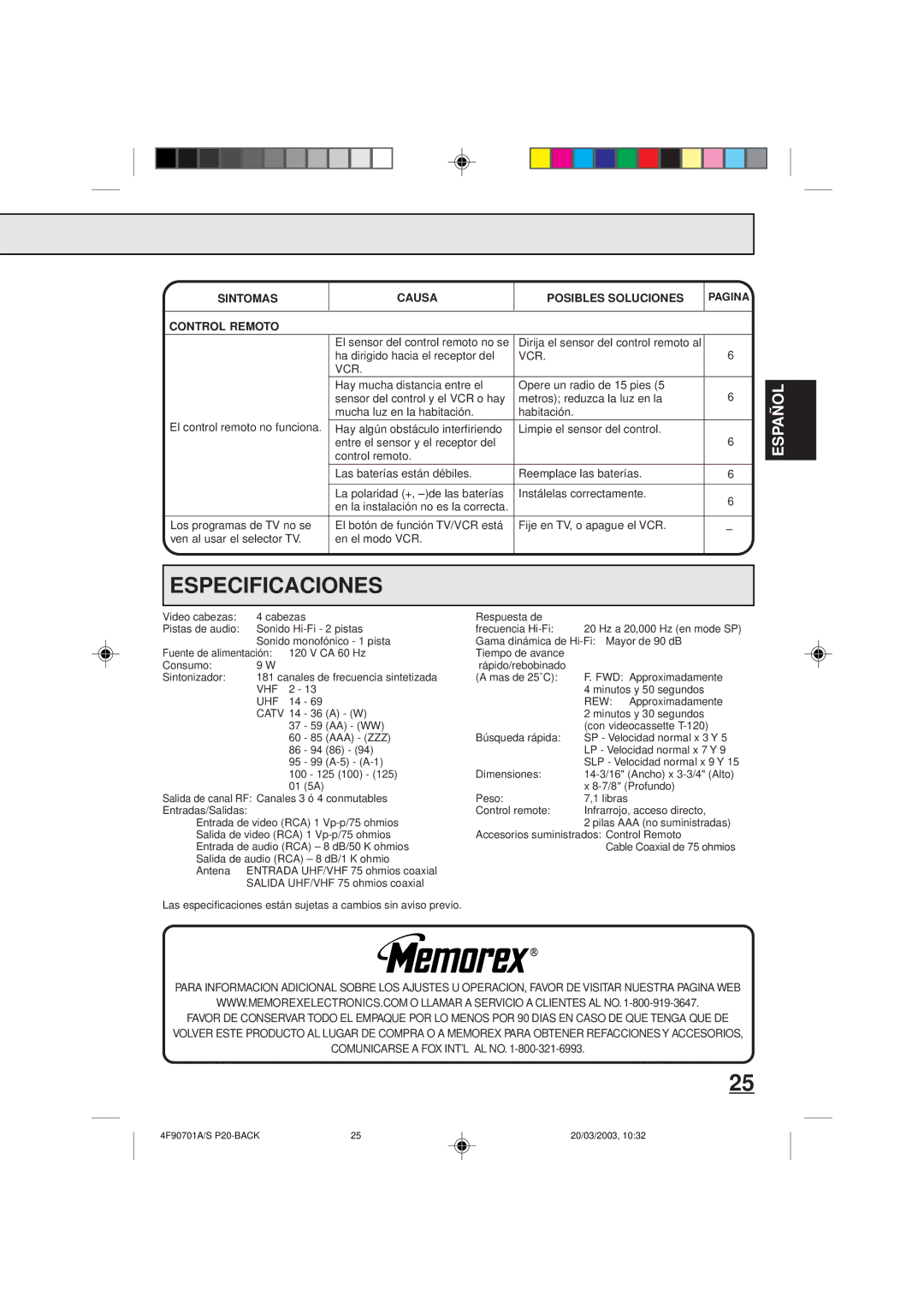 Memorex MVR4042 owner manual Control Remoto 