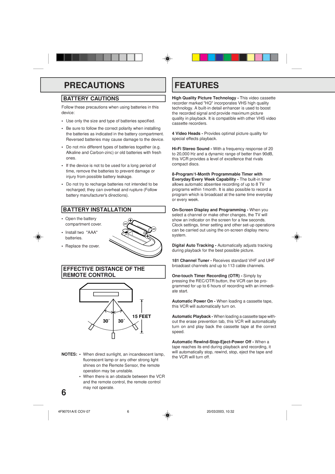 Memorex MVR4042 Precautions Features, Battery Cautions, Battery Installation, Effective Distance of the Remote Control 