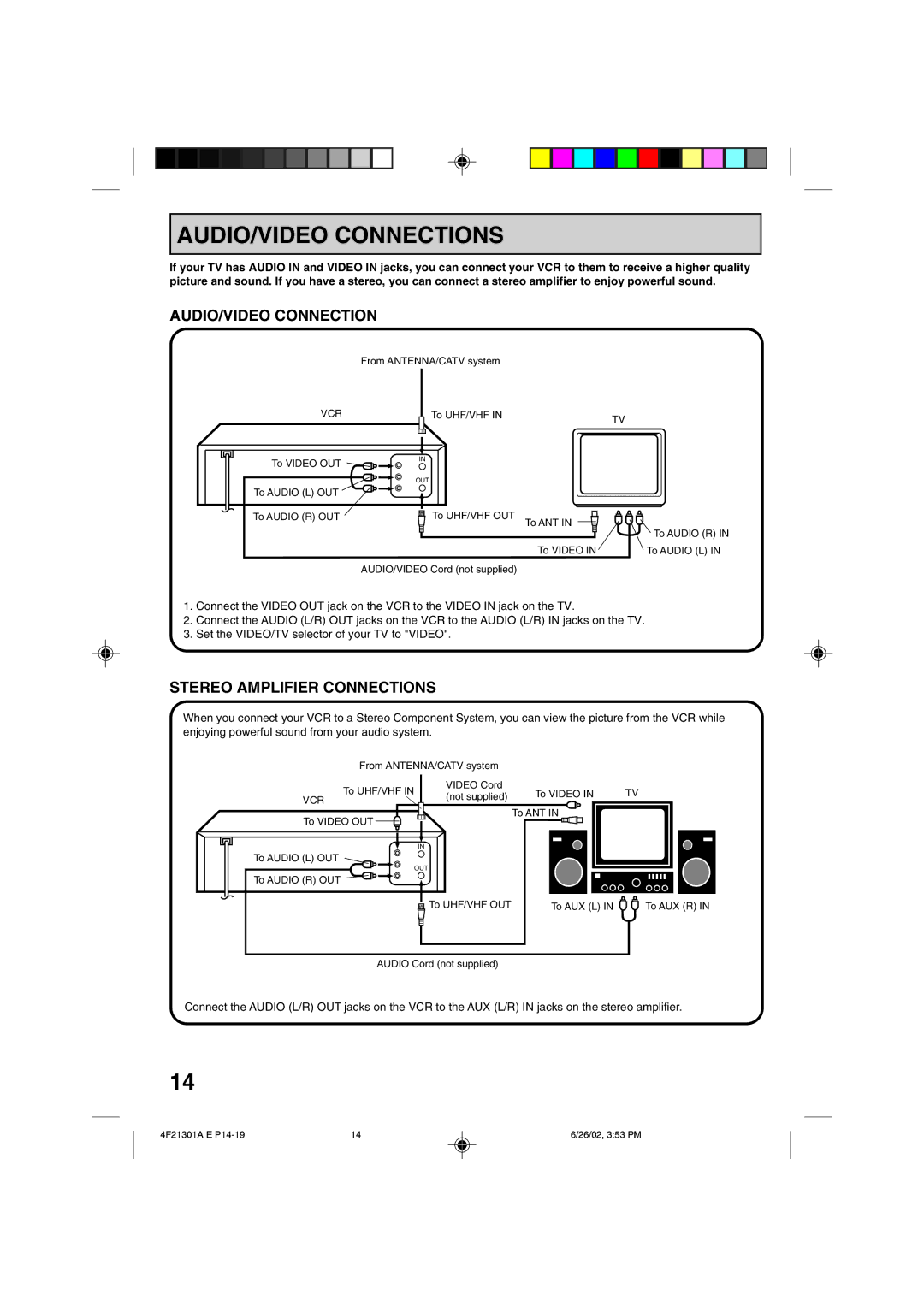 Memorex MVR4051/MVR4052 owner manual AUDIO/VIDEO Connections, Stereo Amplifier Connections 