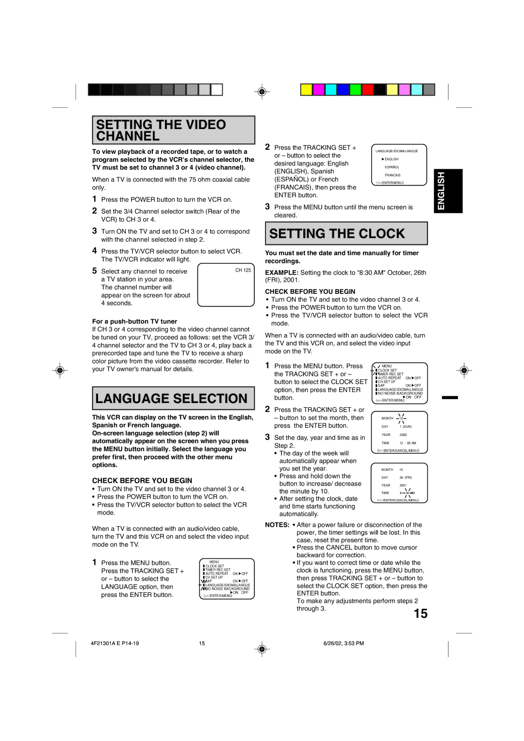 Memorex MVR4051/MVR4052 Setting the Video Channel, Setting the Clock, Language Selection, For a push-button TV tuner 