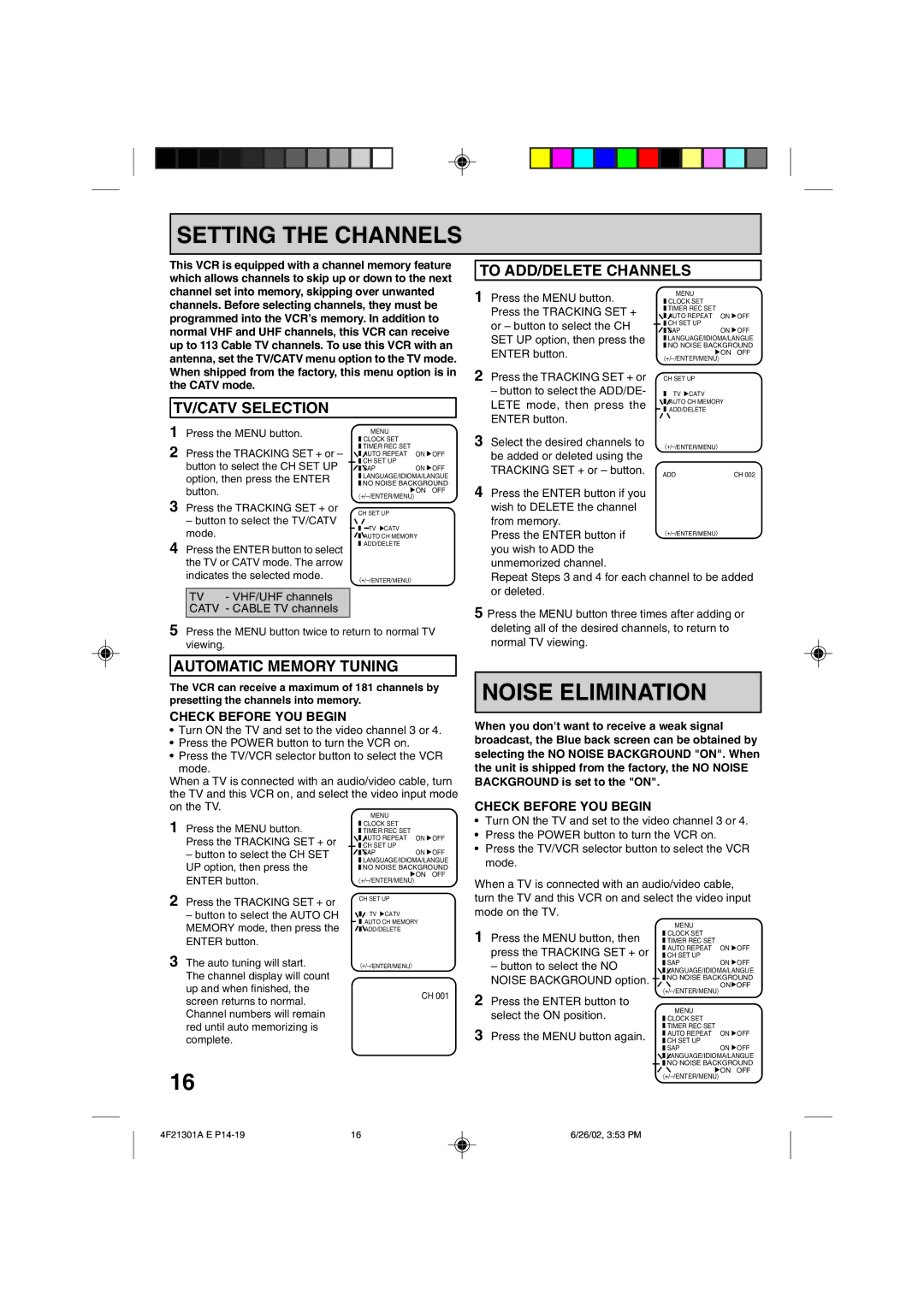 Memorex MVR4051/MVR4052 owner manual Setting the Channels, Noise Elimination, To ADD/DELETE Channels, TV/CATV Selection 