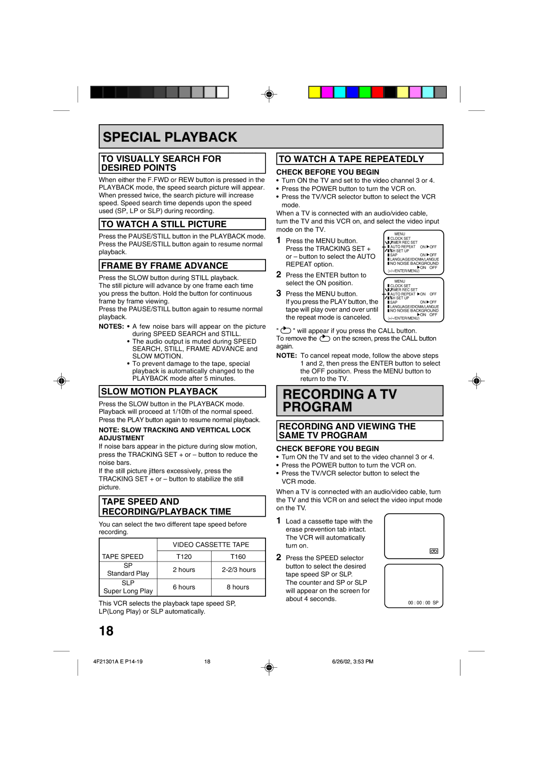 Memorex MVR4051/MVR4052 owner manual Special Playback, Recording a TV Program 