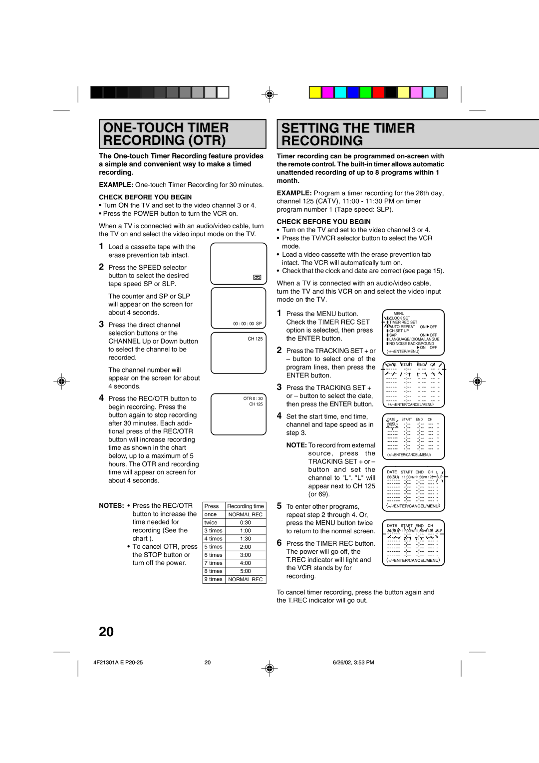 Memorex MVR4051/MVR4052 owner manual ONE-TOUCH Timer Recording OTR, Setting the Timer Recording 