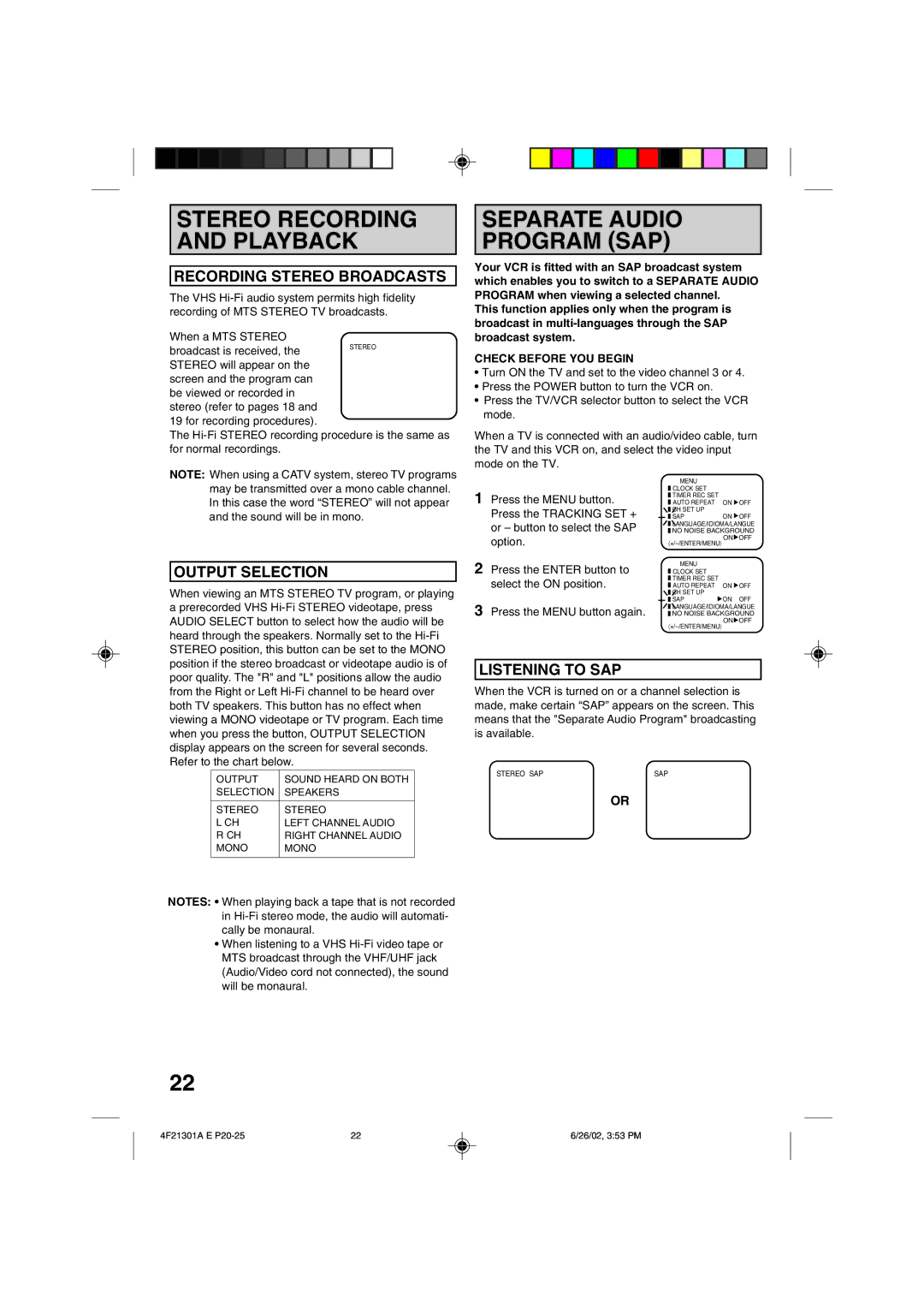 Memorex MVR4051/MVR4052 owner manual Stereo Recording and Playback, Separate Audio Program SAP, Recording Stereo Broadcasts 