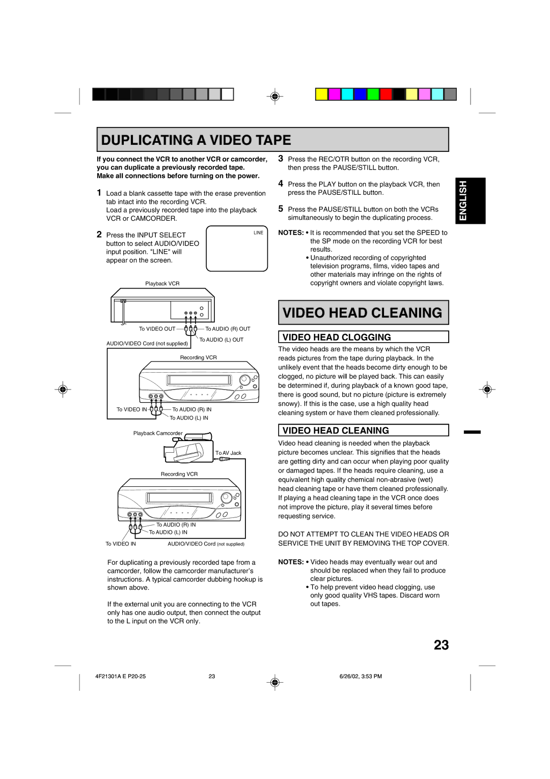 Memorex MVR4051/MVR4052 owner manual Duplicating a Video Tape, Video Head Cleaning, Video Head Clogging 