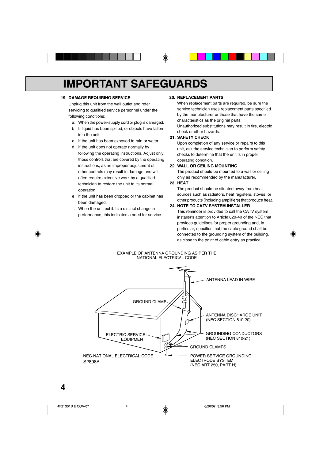 Memorex MVR4051/MVR4052 Damage Requiring Service, Replacement Parts, Safety Check, Wall or Ceiling Mounting, Heat 