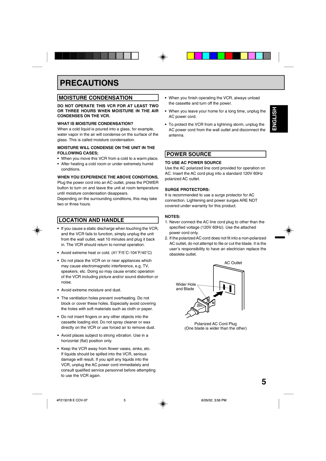 Memorex MVR4051/MVR4052 owner manual Precautions, Moisture Condensation, Location and Handle, Power Source 