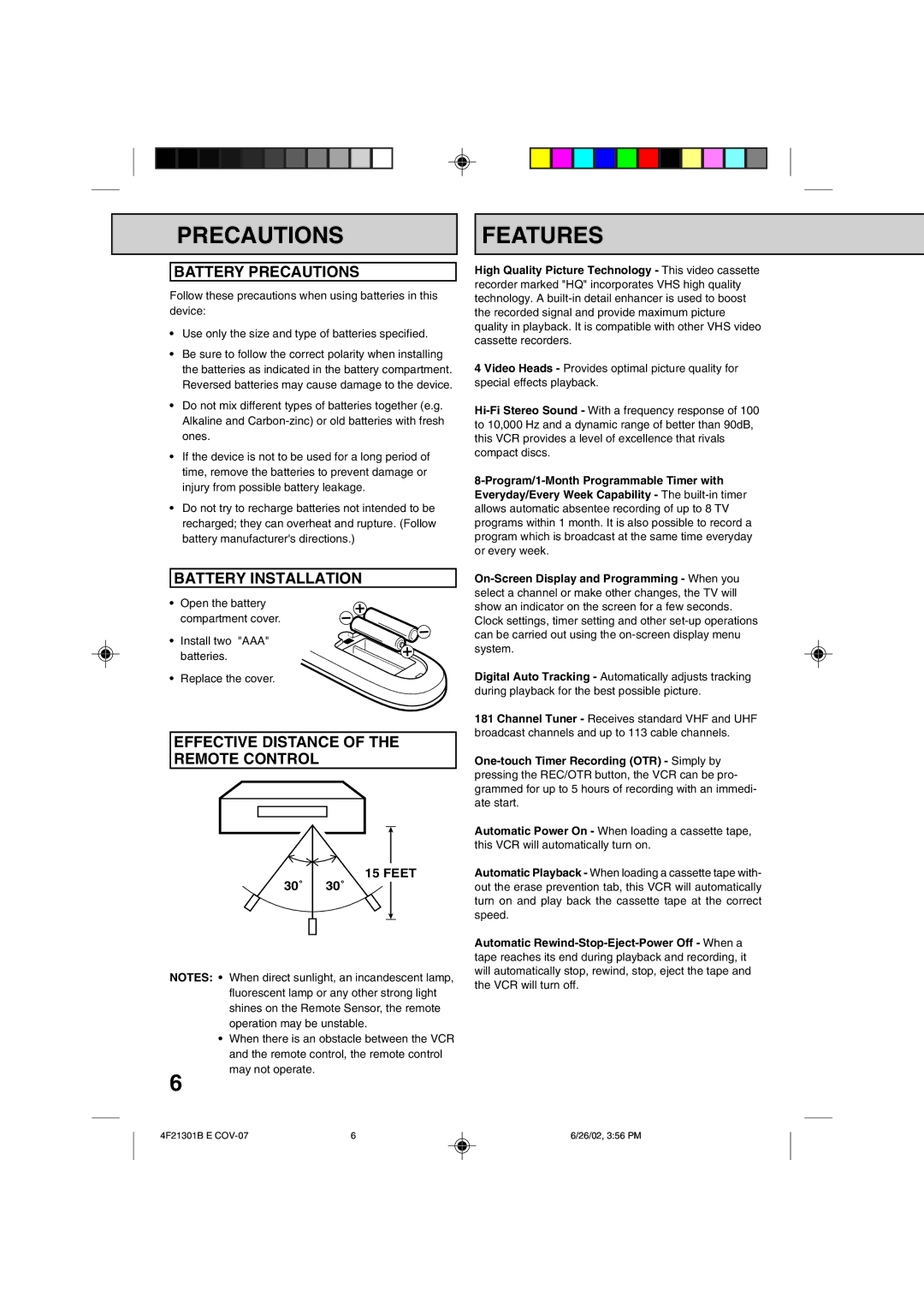 Memorex MVR4051/MVR4052 owner manual Precautions Features, Battery Precautions, Battery Installation 