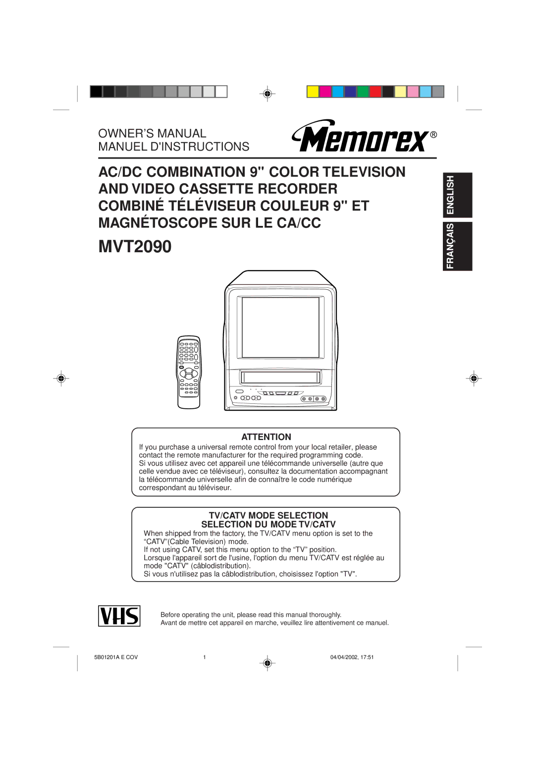 Memorex MVT2090 owner manual TV/CATV Mode Selection Selection DU Mode TV/CATV 