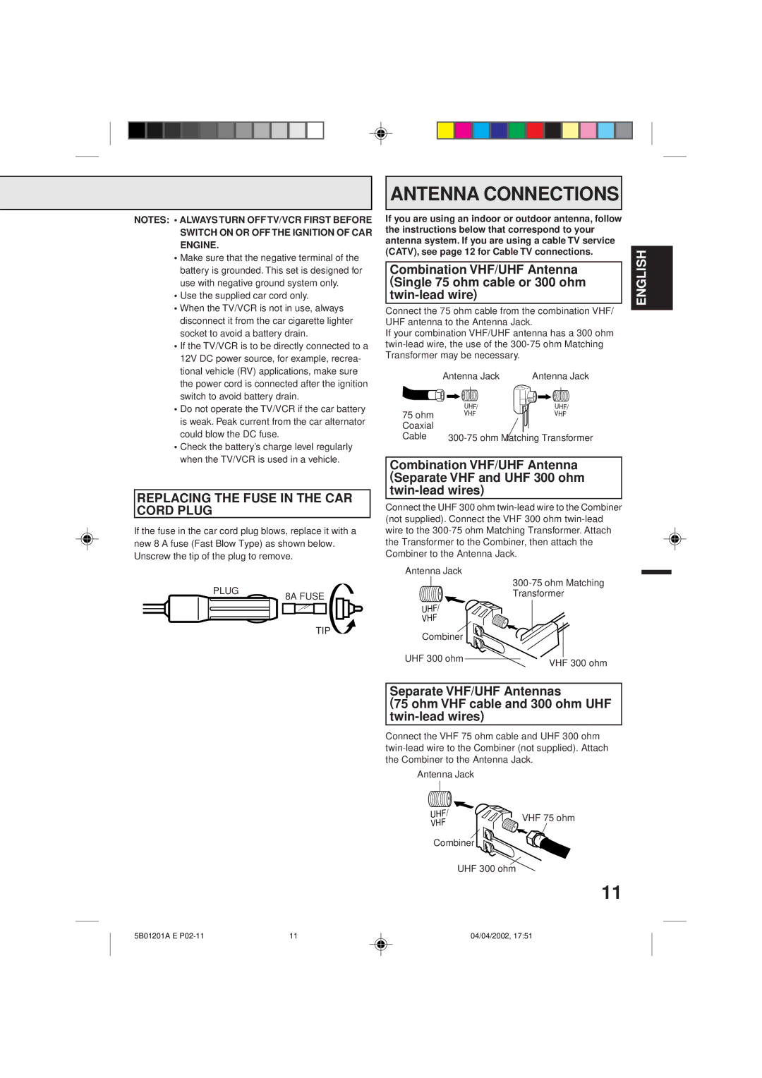 Memorex MVT2090 owner manual Antenna Connections, Replacing the Fuse in the CAR Cord Plug, Plug 8A Fuse TIP 