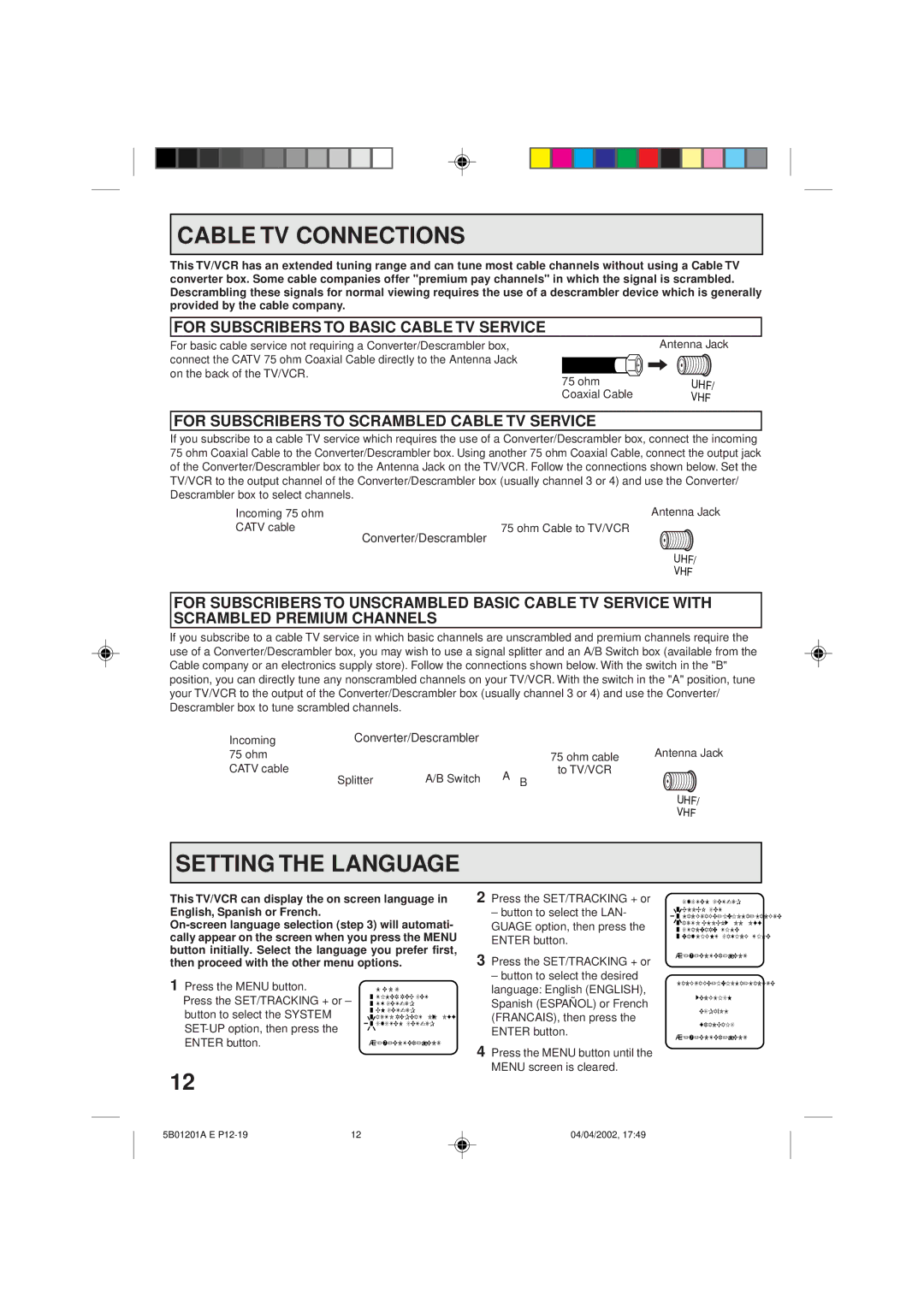 Memorex MVT2090 owner manual Cable TV Connections, Setting the Language, For Subscribers to Basic Cable TV Service 