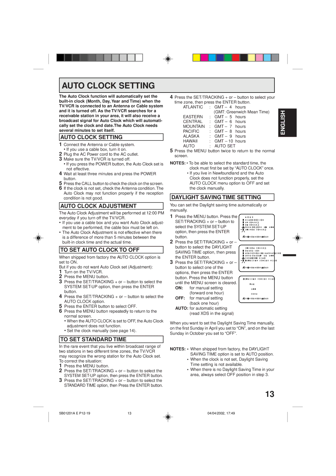 Memorex MVT2090 owner manual Auto Clock Setting 