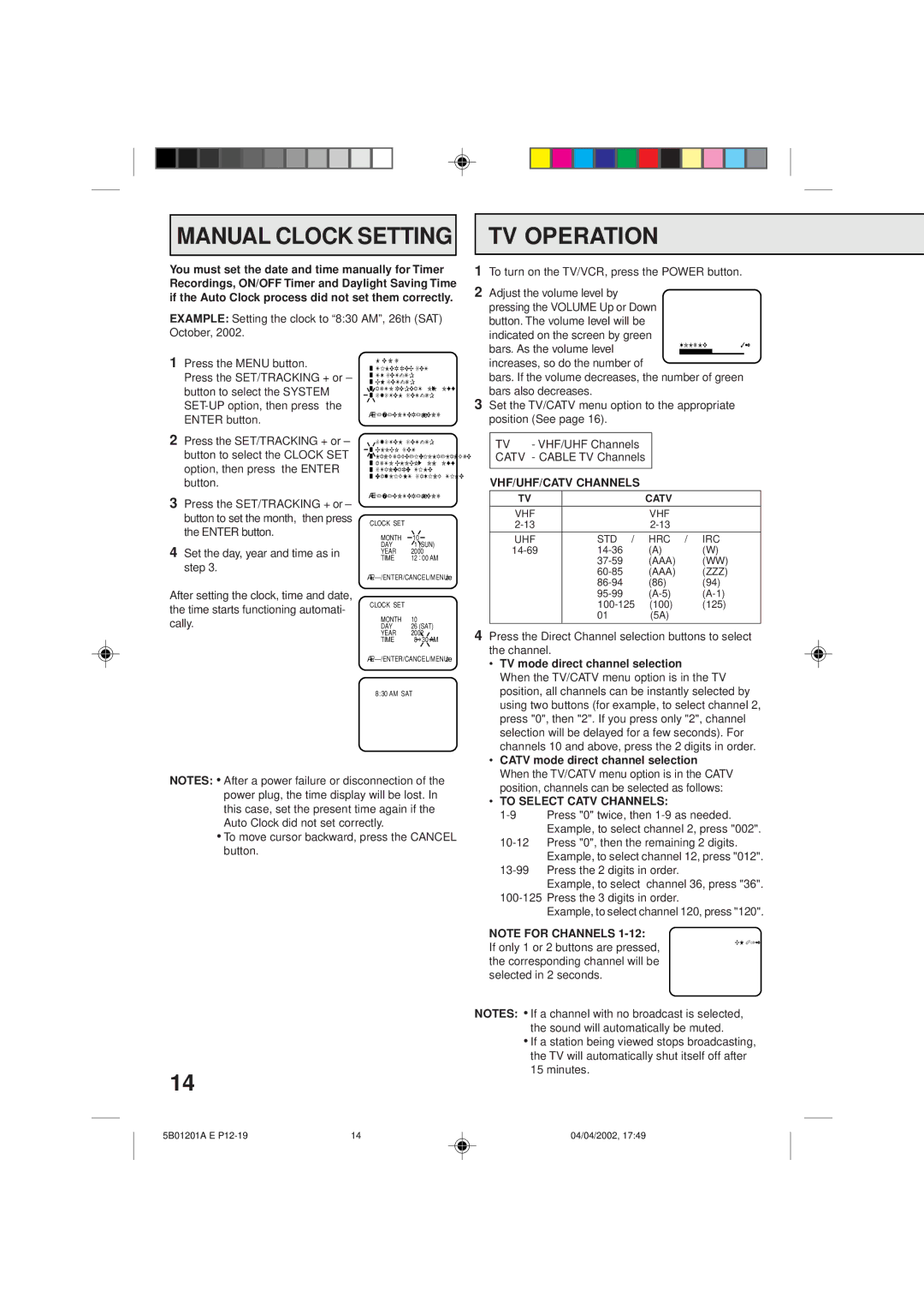 Memorex MVT2090 Manual Clock Setting, VHF/UHF/CATV Channels, TV mode direct channel selection, To Select Catv Channels 