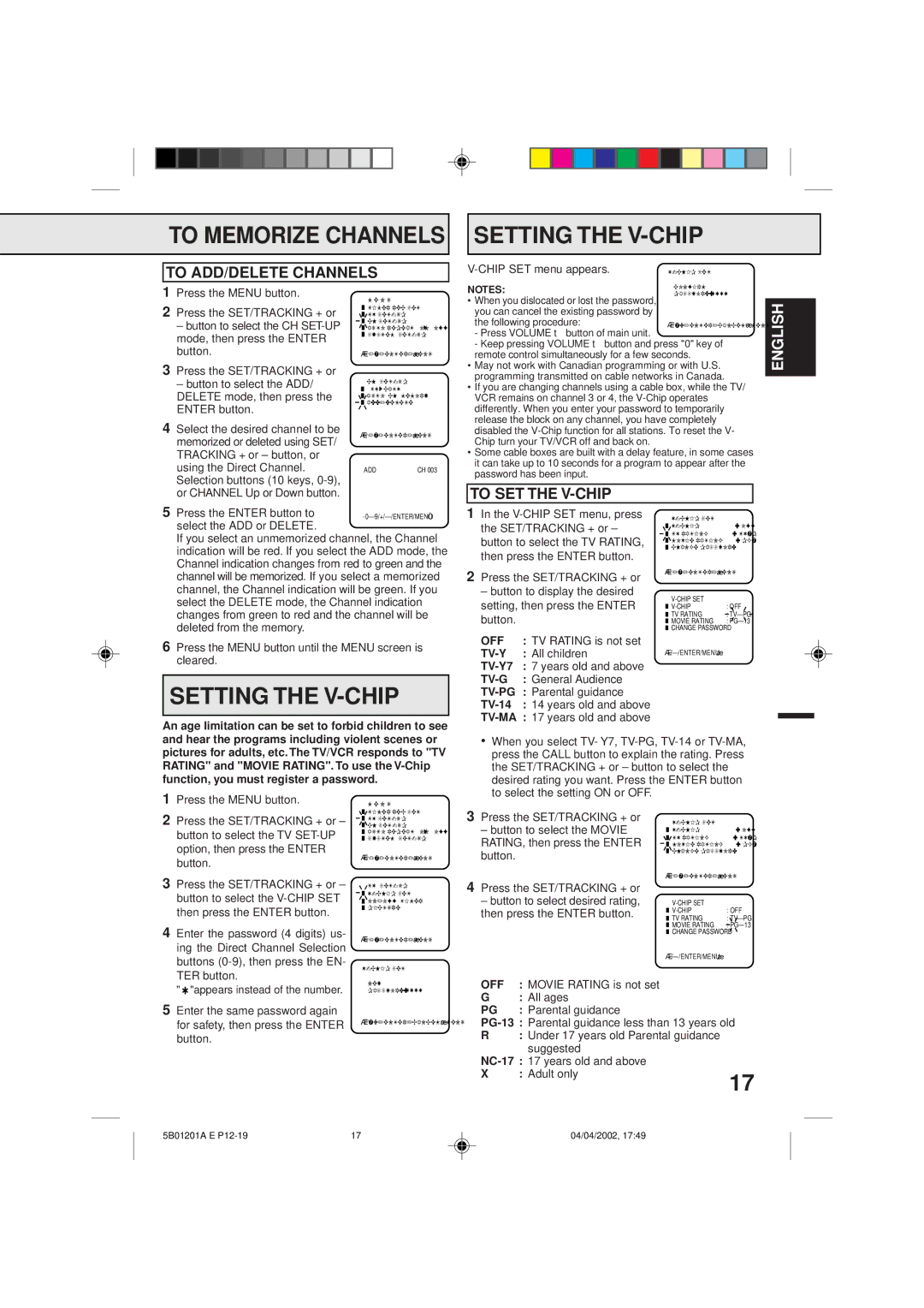 Memorex MVT2090 owner manual To Memorize Channels Setting the V-CHIP, To ADD/DELETE Channels, To SET the V-CHIP 