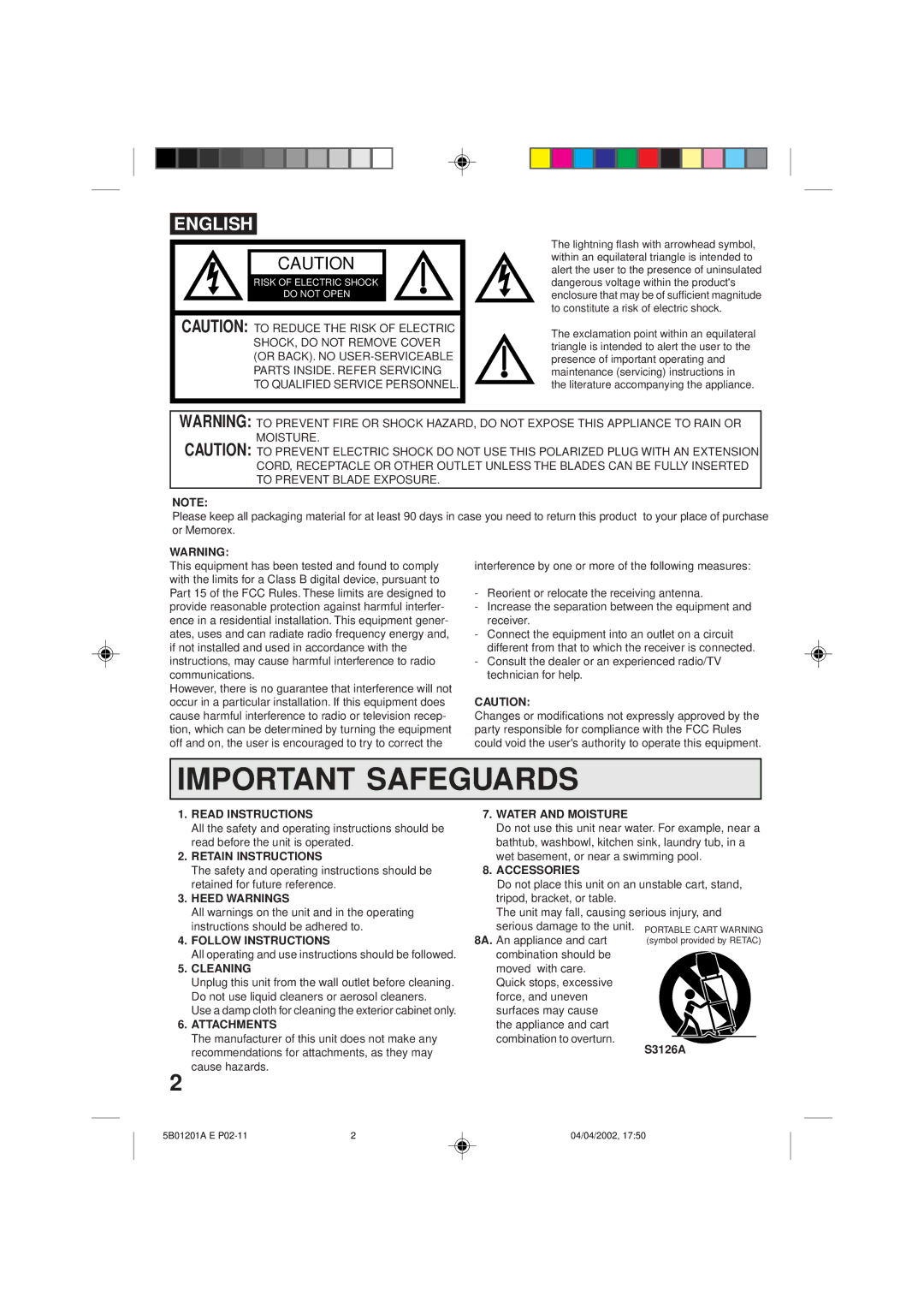 Memorex MVT2090 Read Instructions, Retain Instructions, Heed Warnings, Accessories, Follow Instructions, Cleaning 