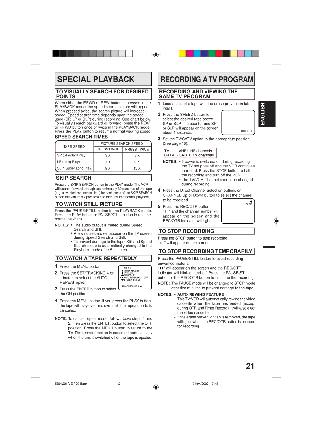 Memorex MVT2090 owner manual Special Playback 