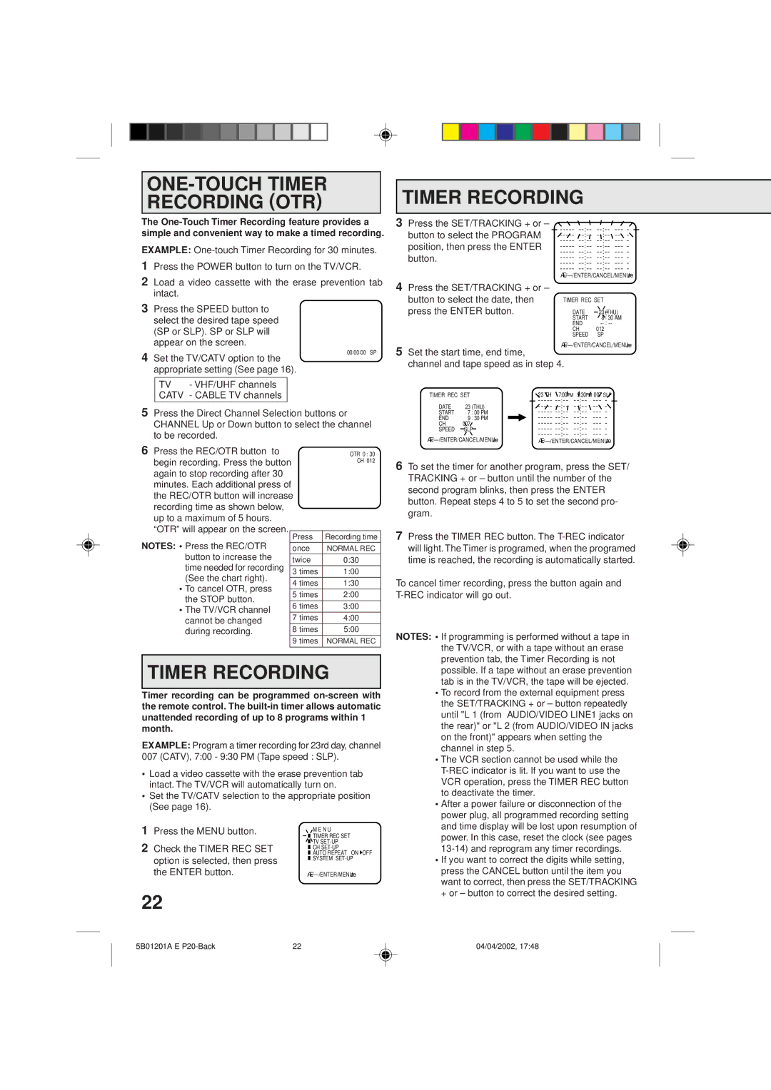 Memorex MVT2090 owner manual ONE-TOUCH Timer Recording OTR 