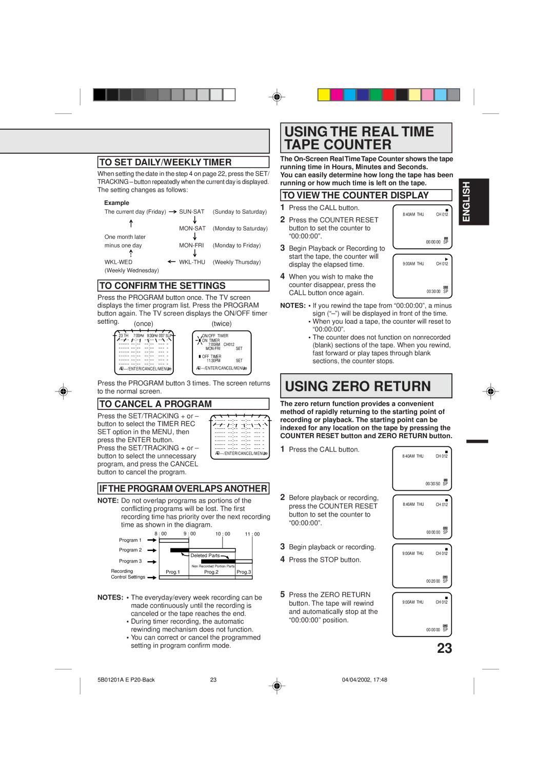 Memorex MVT2090 owner manual Using the Real Time Tape Counter, Using Zero Return 