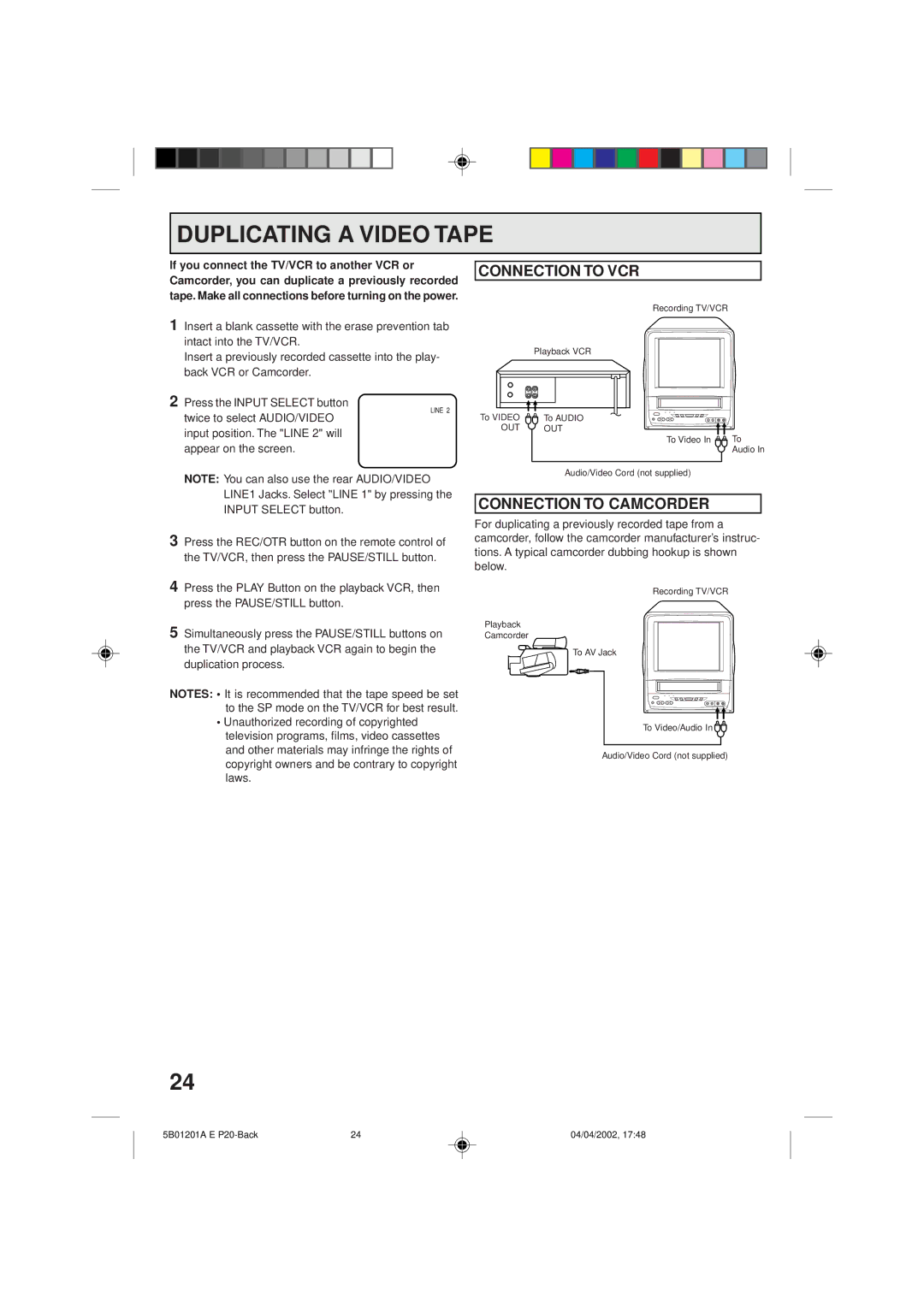 Memorex MVT2090 owner manual Duplicating a Video Tape, Connection to VCR, Connection to Camcorder 