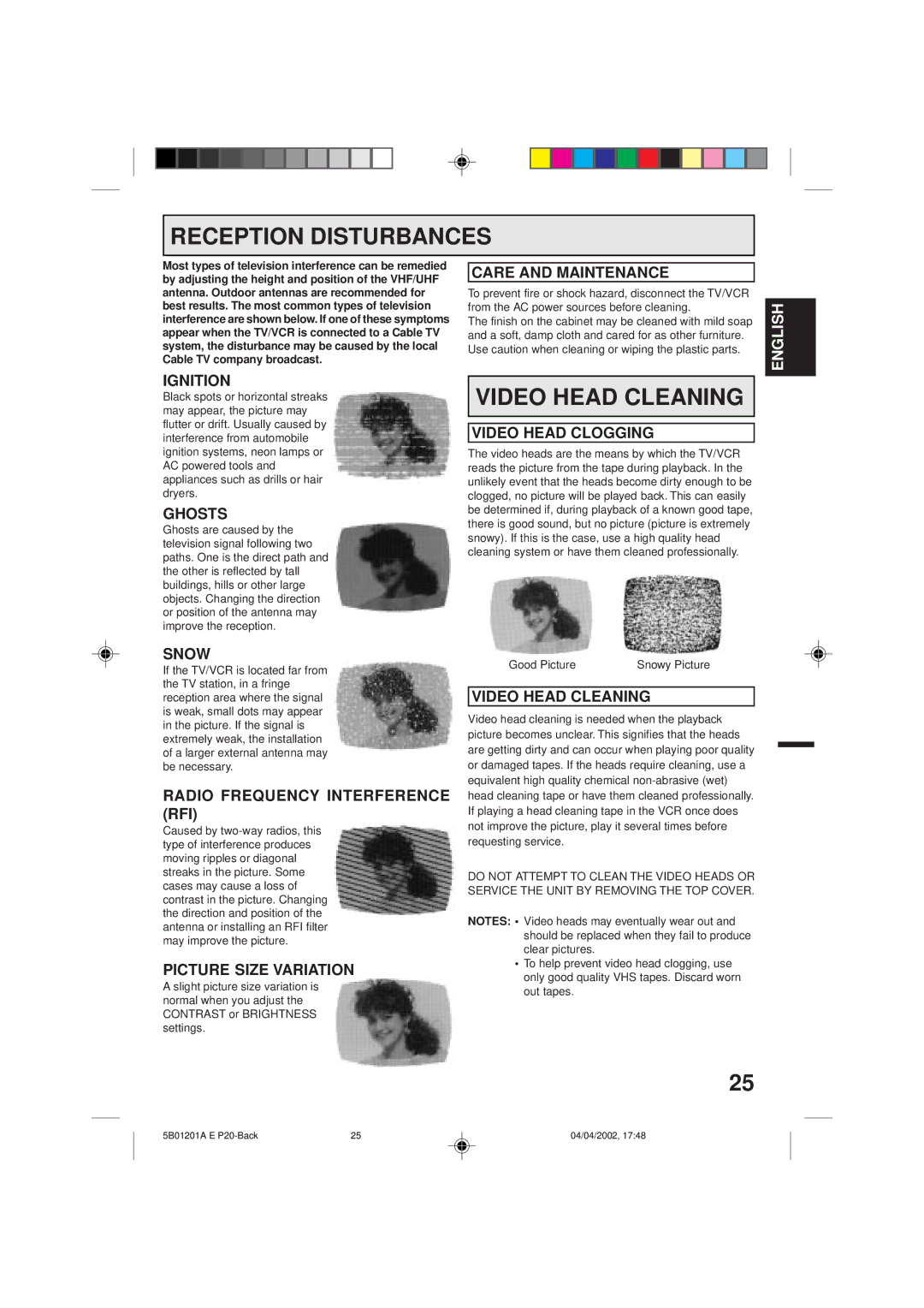 Memorex MVT2090 owner manual Reception Disturbances, Video Head Cleaning 