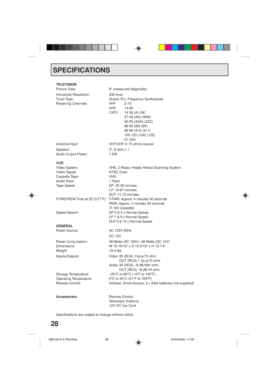 Memorex MVT2090 owner manual Specifications, Television, Vcr, General, Accessories 