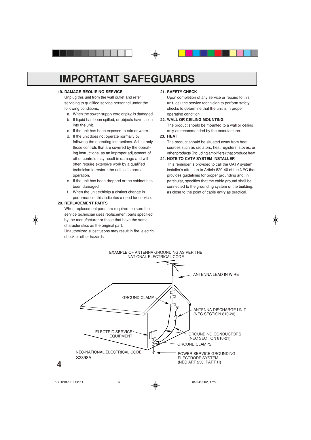 Memorex MVT2090 owner manual Damage Requiring Service, Replacement Parts Safety Check, Wall or Ceiling Mounting, Heat 