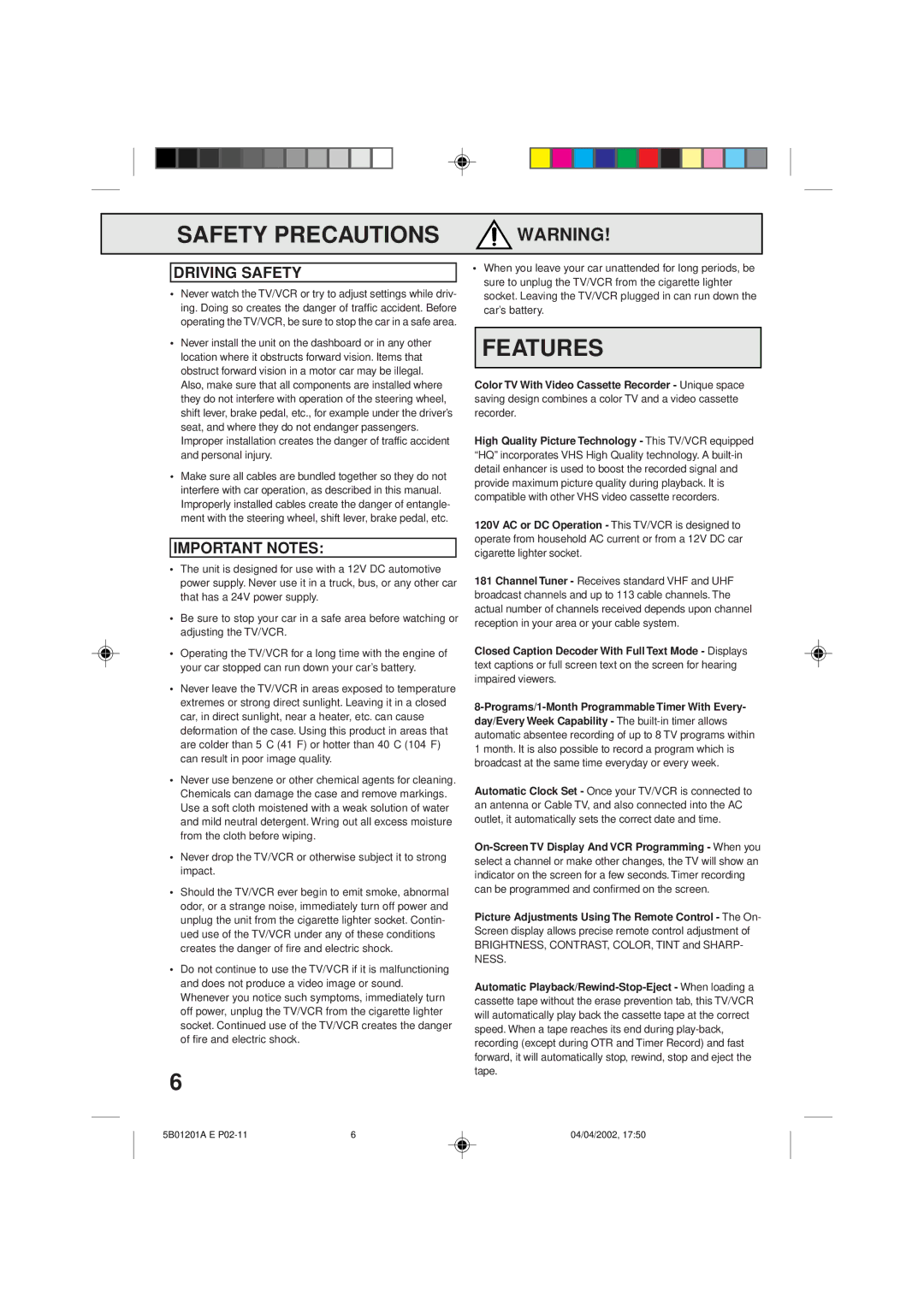 Memorex MVT2090 owner manual Features, Driving Safety, Important Notes 