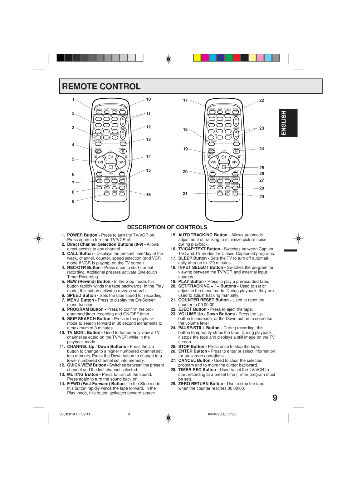 Memorex MVT2090 owner manual Remote Control, Eject Button Press to eject the tape 