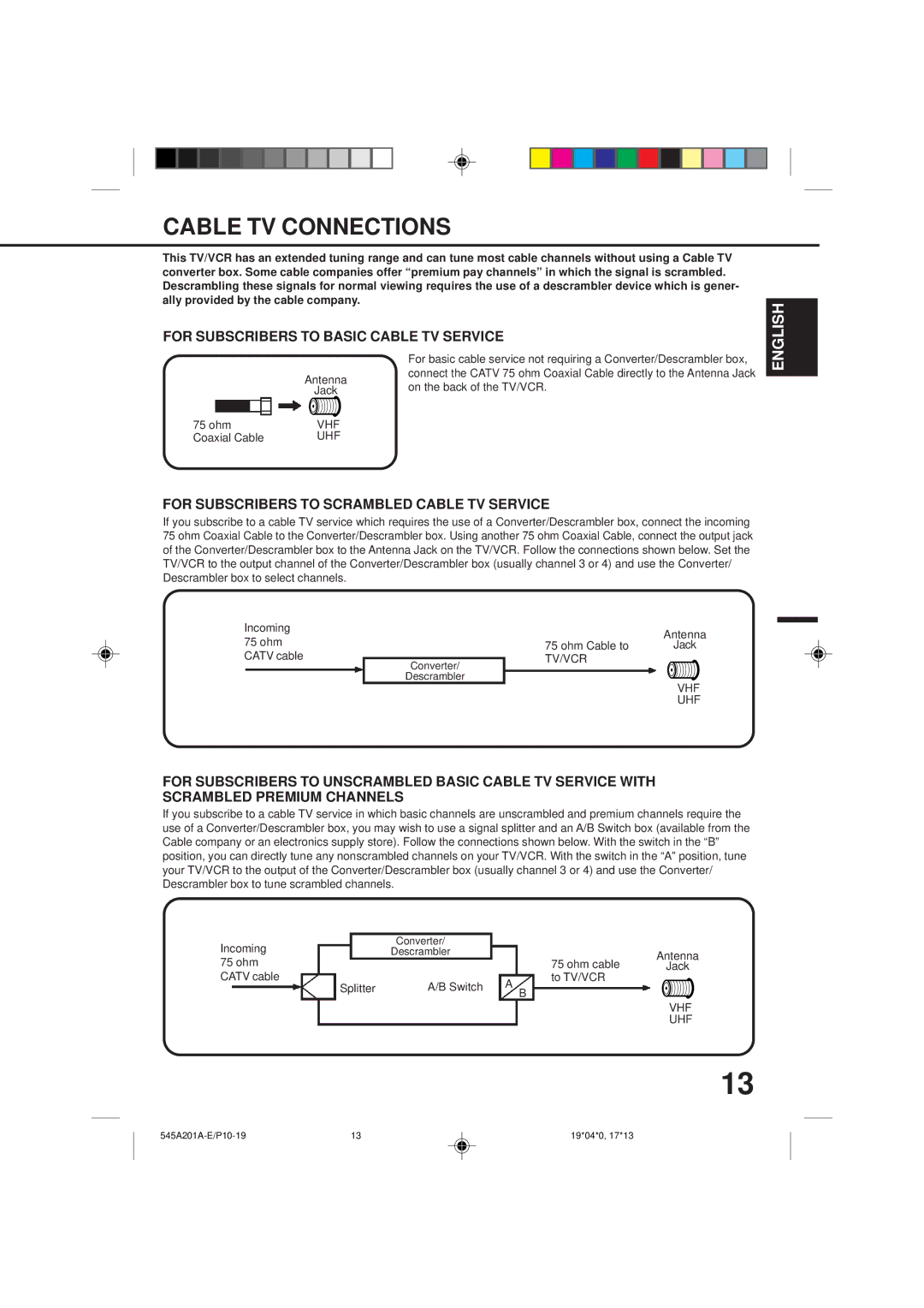 Memorex MVT2195B, MVT2135B owner manual Cable TV Connections, For Subscribers to Basic Cable TV Service 