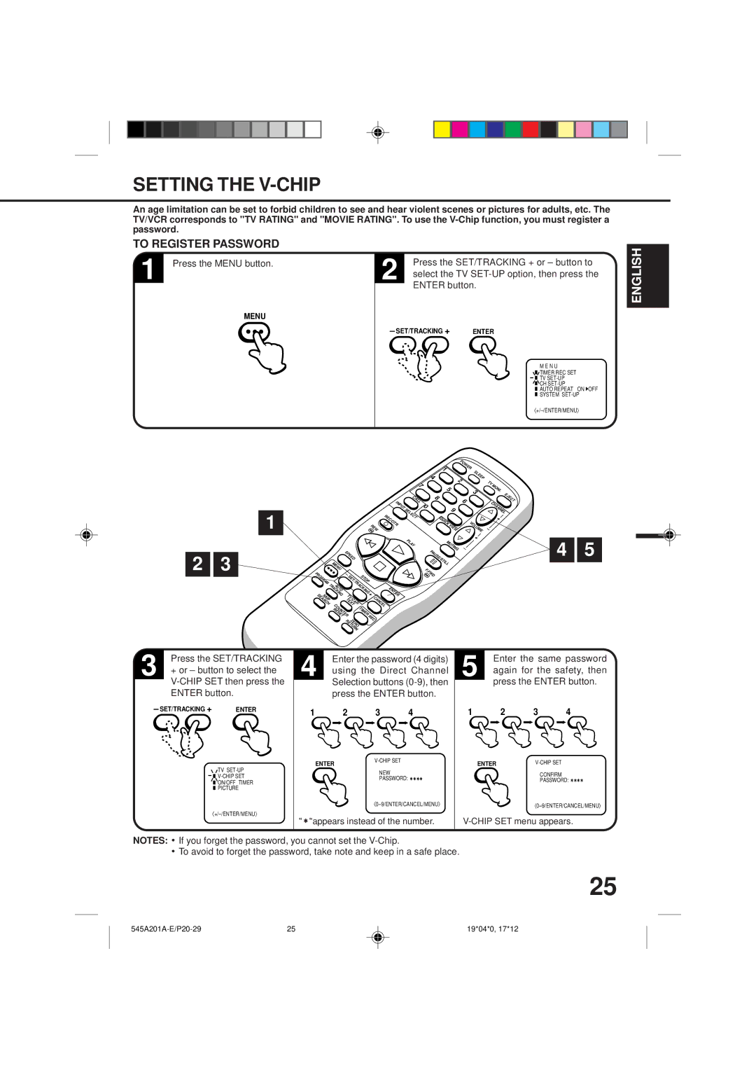 Memorex MVT2195B, MVT2135B Setting the V-CHIP, To Register Password, Enter the same password, Again for the safety, then 