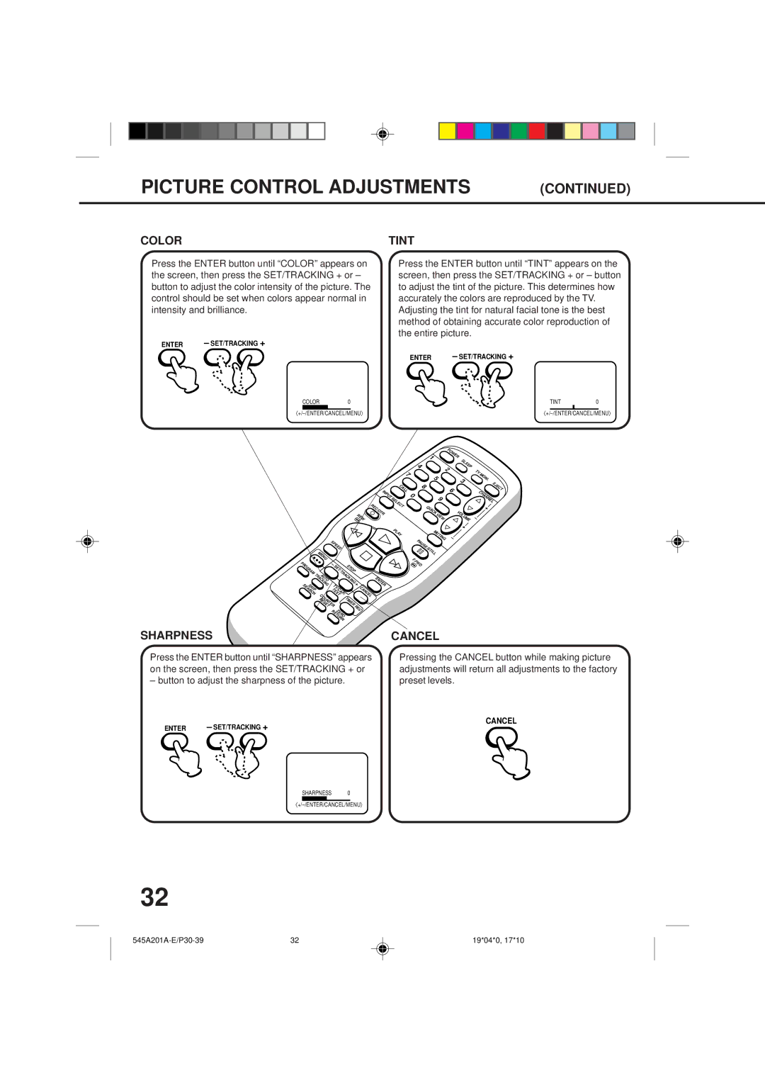 Memorex MVT2135B, MVT2195B owner manual Color Tint, Sharpness Cancel, Press the Enter button until Sharpness appears 