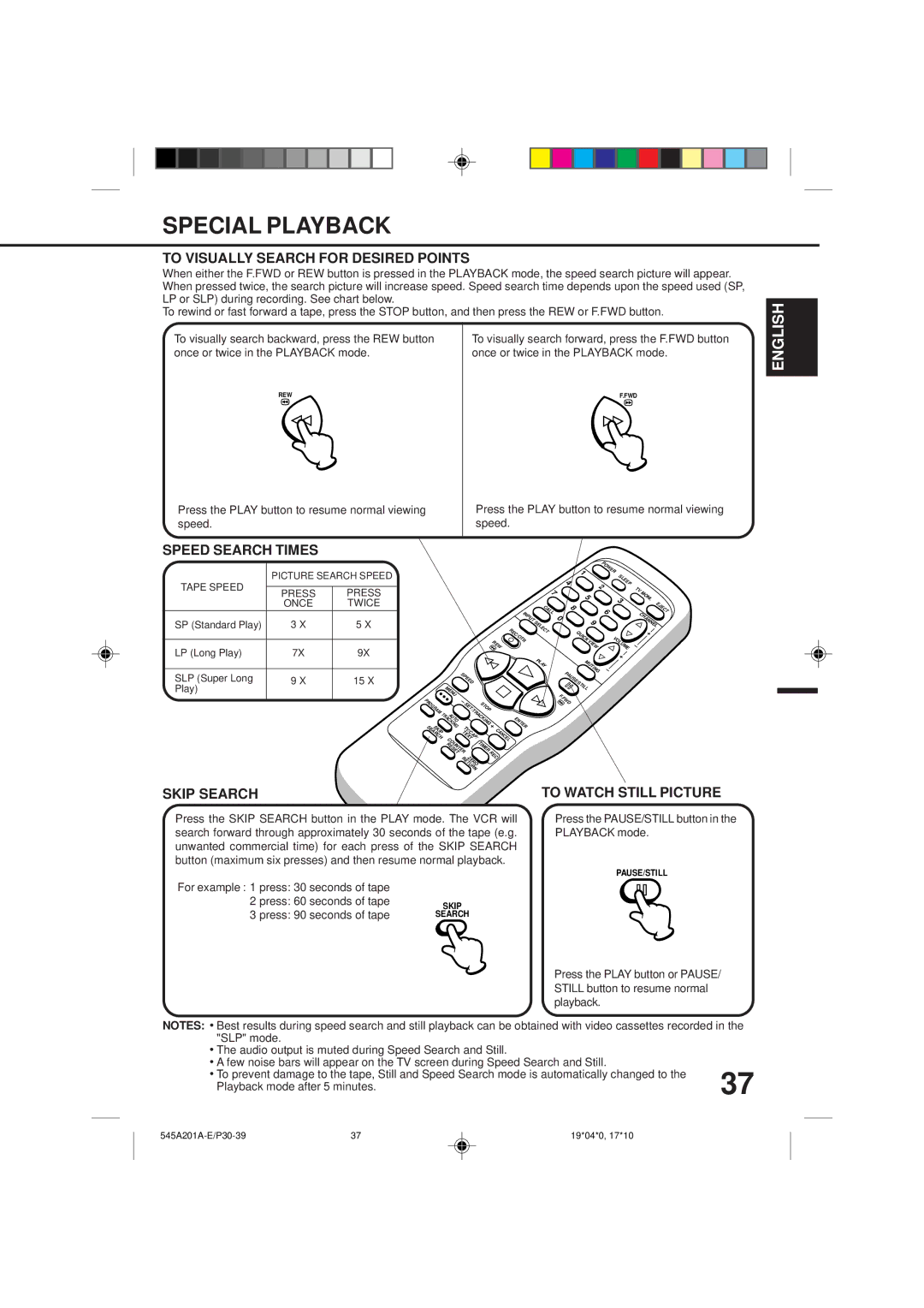 Memorex MVT2195B, MVT2135B owner manual Special Playback, To Visually Search for Desired Points, Speed Search Times 