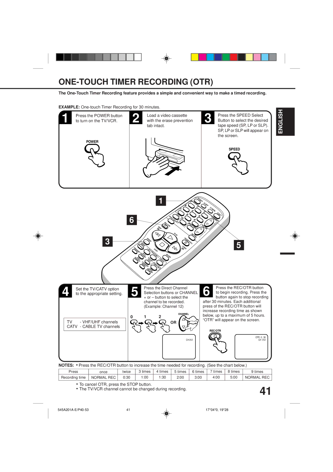 Memorex MVT2195B, MVT2135B owner manual ONE-TOUCH Timer Recording OTR, TV/VCR channel cannot be changed during recording 