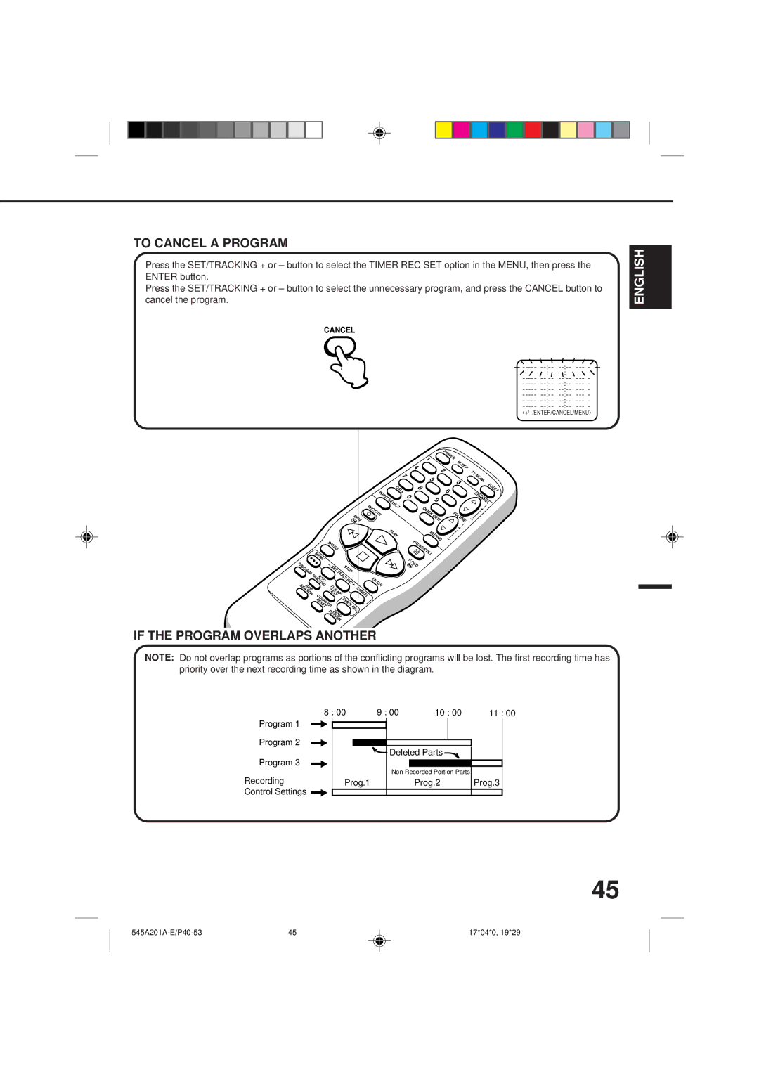 Memorex MVT2195B, MVT2135B owner manual Program Deleted Parts, Recording Prog.1 Prog.2 Prog.3 Control Settings 