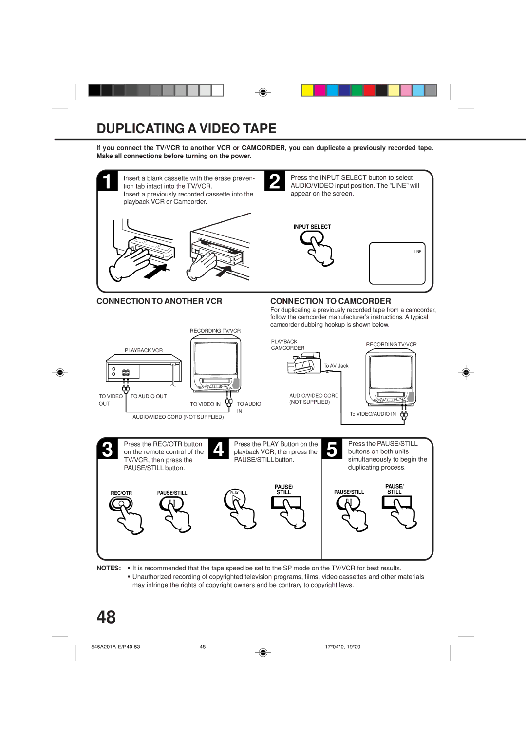 Memorex MVT2135B Duplicating a Video Tape, Connection to Another VCR, Connection to Camcorder, Appear on the screen 