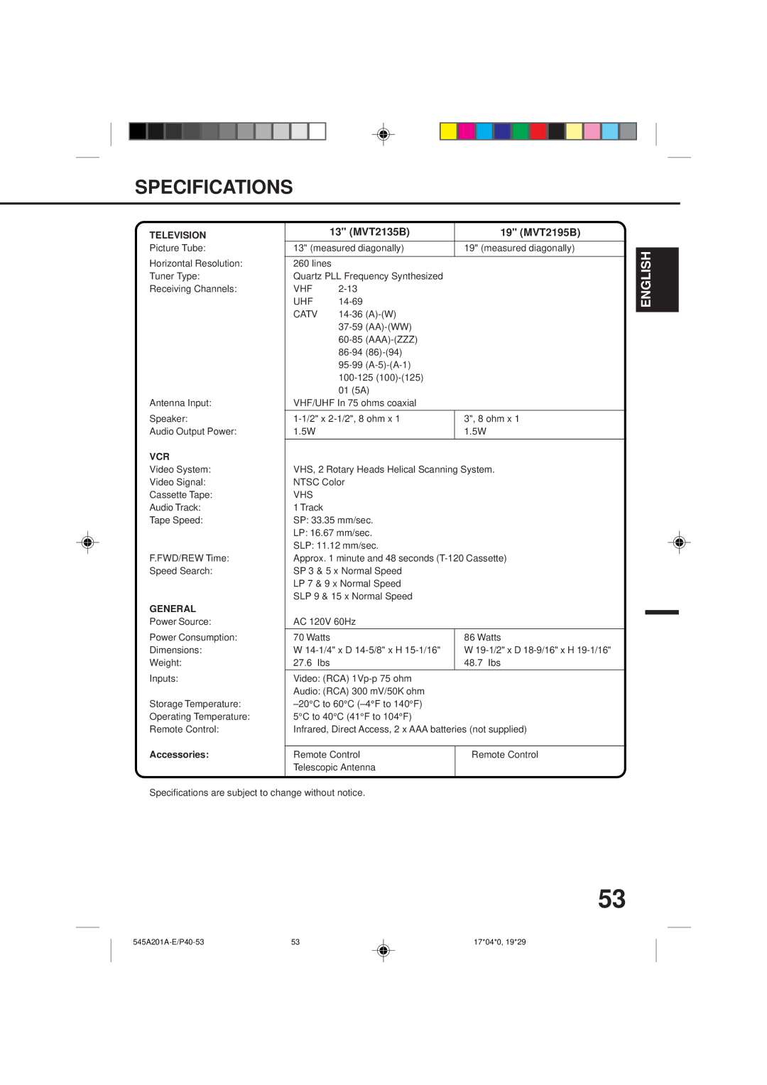 Memorex MVT2195B, MVT2135B owner manual Specifications, Television, Vcr, General, Accessories 